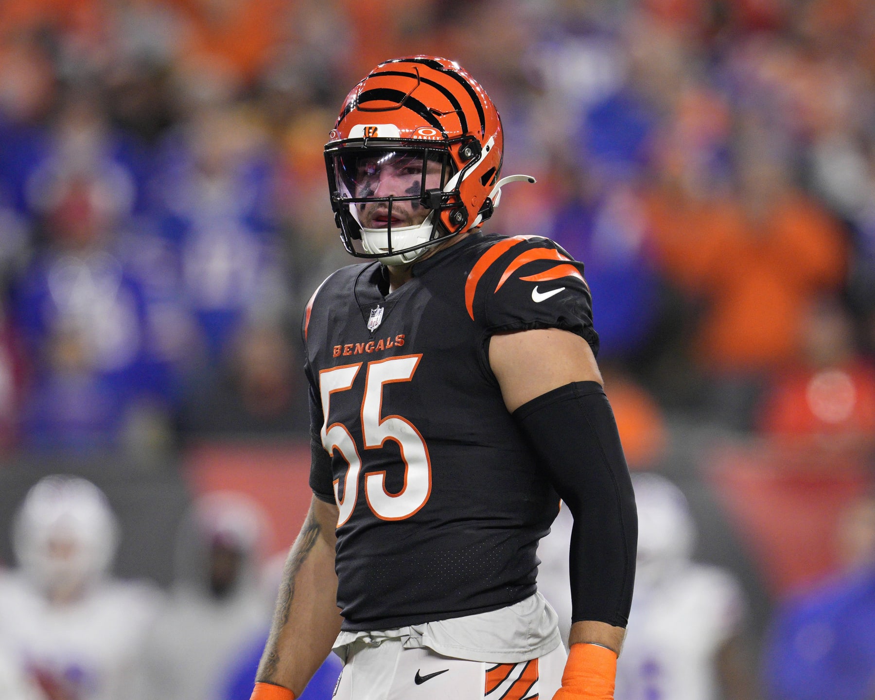 CINCINNATI, OHIO - NOVEMBER 05: Linebacker Logan Wilson #55 of the Cincinnati Bengals plays during a NFL football game against the Buffalo Bills at Paycor Stadium on November 05, 2023 in Cincinnati, Ohio. (Photo by Jeff Dean/Getty Images)