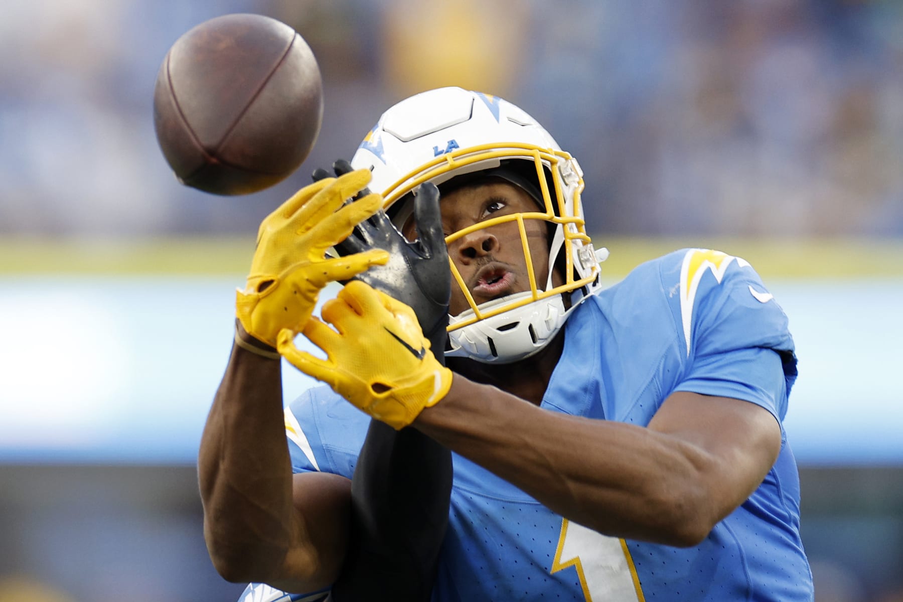 INGLEWOOD, CALIFORNIA - NOVEMBER 12: Cameron Sutton #1 of the Detroit Lions blocks a pass intended for Quentin Johnston #1 of the Los Angeles Chargers during the second half at SoFi Stadium on November 12, 2023 in Inglewood, California. (Photo by Kevork Djansezian/Getty Images)