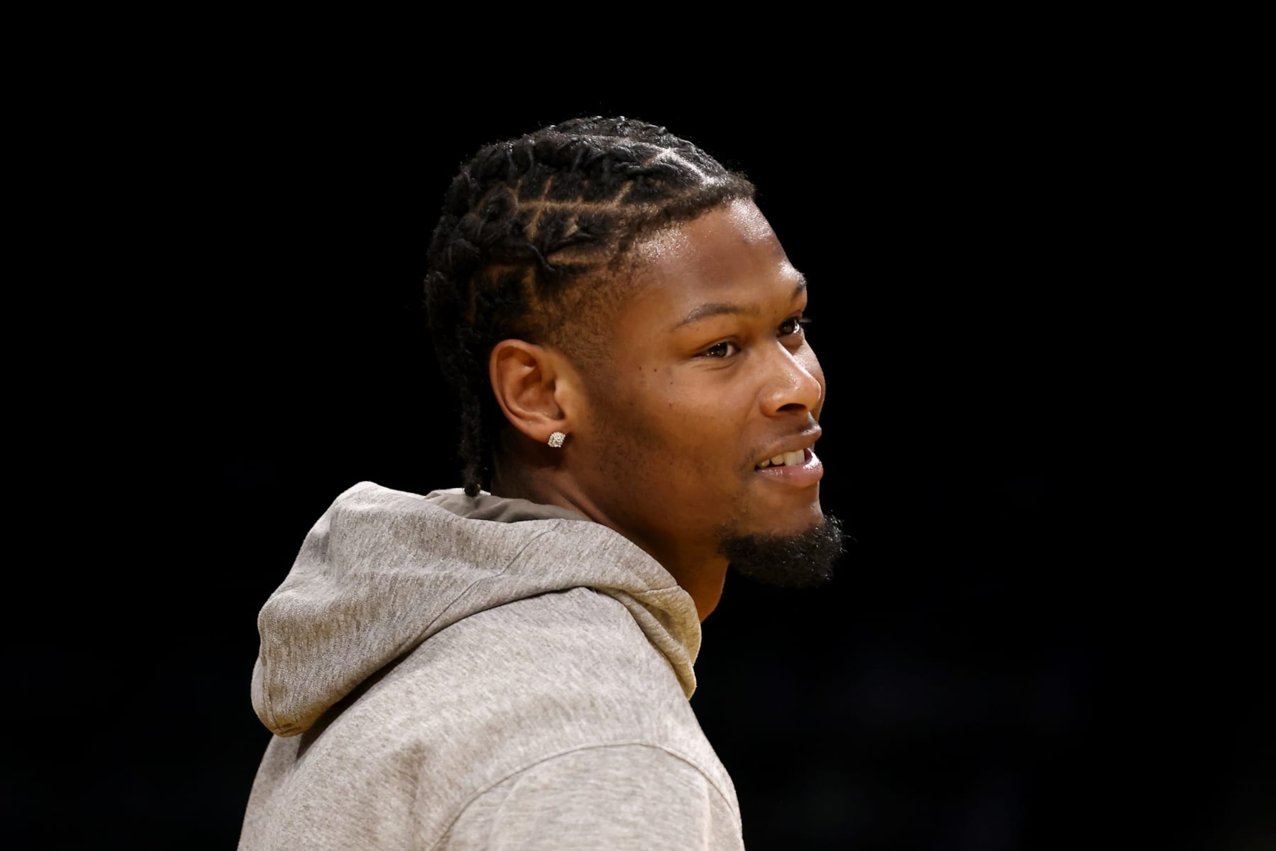 LOS ANGELES, CALIFORNIA - NOVEMBER 19: Cam Reddish #5 of the Los Angeles Lakers looks on during warm ups prior to the game against the Houston Rockets at Crypto.com Arena on November 19, 2023 in Los Angeles, California. NOTE TO USER: User expressly acknowledges and agrees that, by downloading and or using this photograph, User is consenting to the terms and conditions of the Getty Images License Agreement. (Photo by Katelyn Mulcahy/Getty Images)
