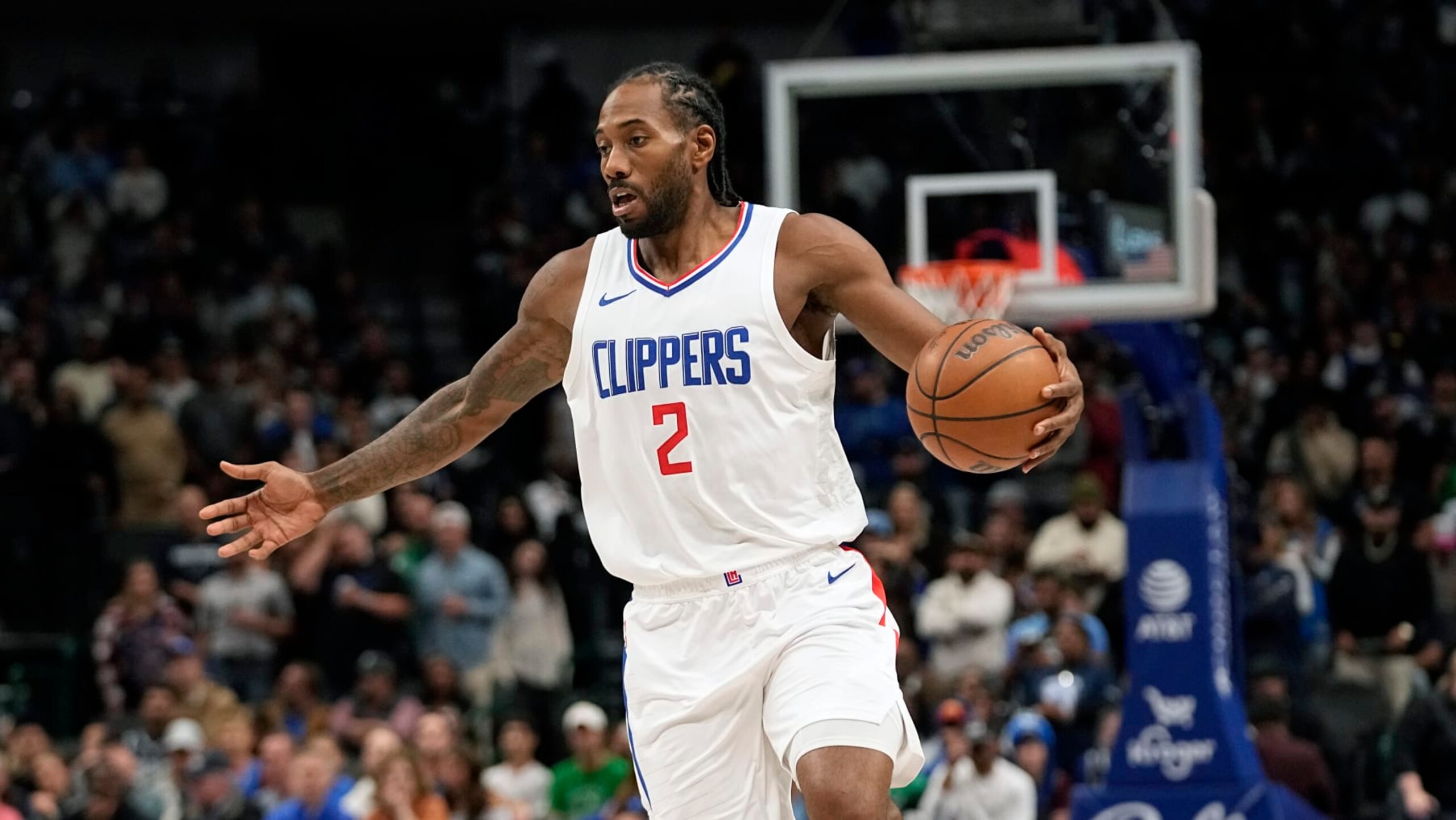 Los Angeles Clippers forward Kawhi Leonard (2) drives during the first half of an NBA basketball game against the Dallas Mavericks in Dallas, Friday, Nov. 10, 2023. (AP Photo/LM Otero)