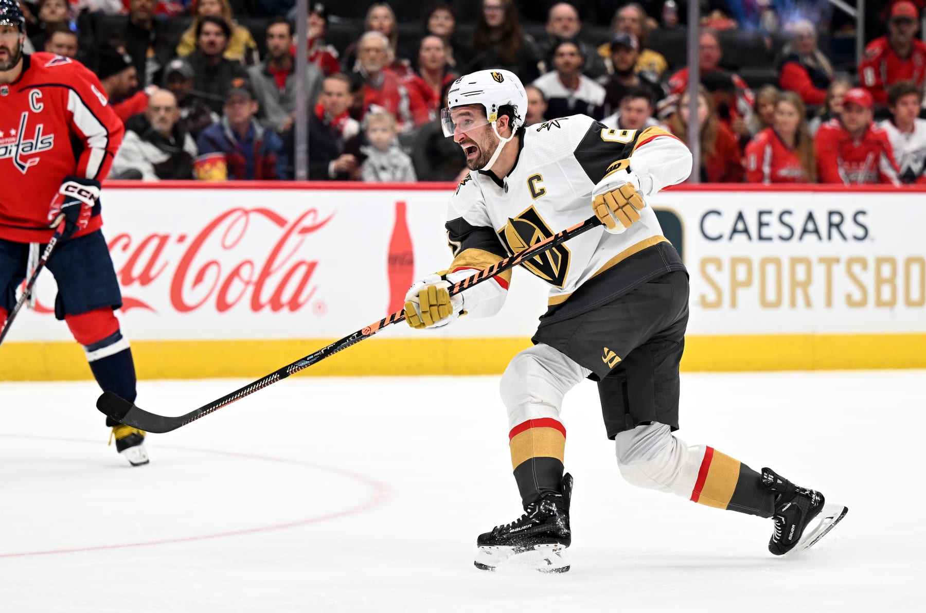 WASHINGTON, DC - NOVEMBER 14: Mark Stone #61 of the Vegas Golden Knights shoots the puck against the Washington Capitals at Capital One Arena on November 14, 2023 in Washington, DC. (Photo by G Fiume/Getty Images)