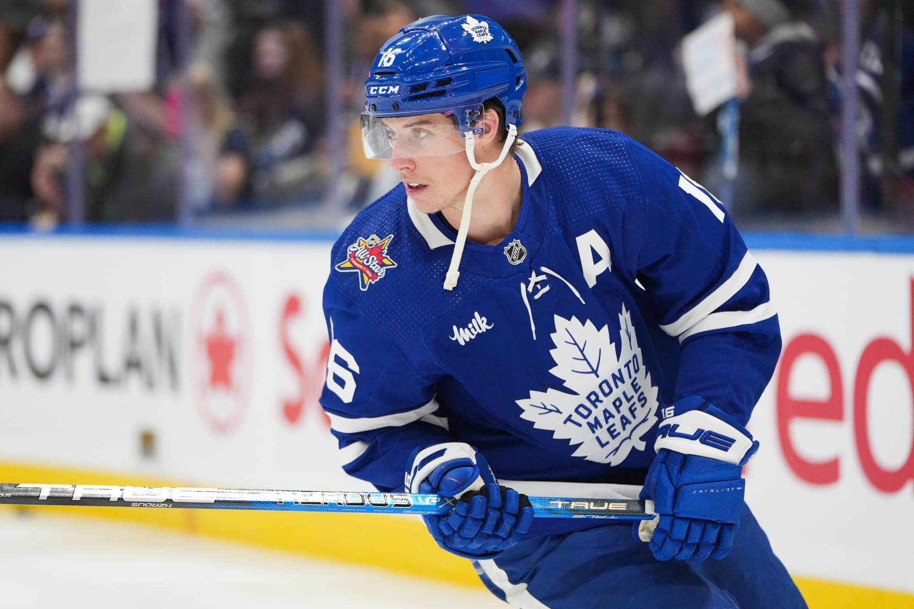 TORONTO, CANADA - NOVEMBER 6: Mitchell Marner #16 of the Toronto Maple Leafs looks on during warmups against the Tampa Bay Lightning at Scotiabank Arena on November 6, 2023 in Toronto, Ontario, Canada. (Photo by Michael Chisholm/NHLI via Getty Images)