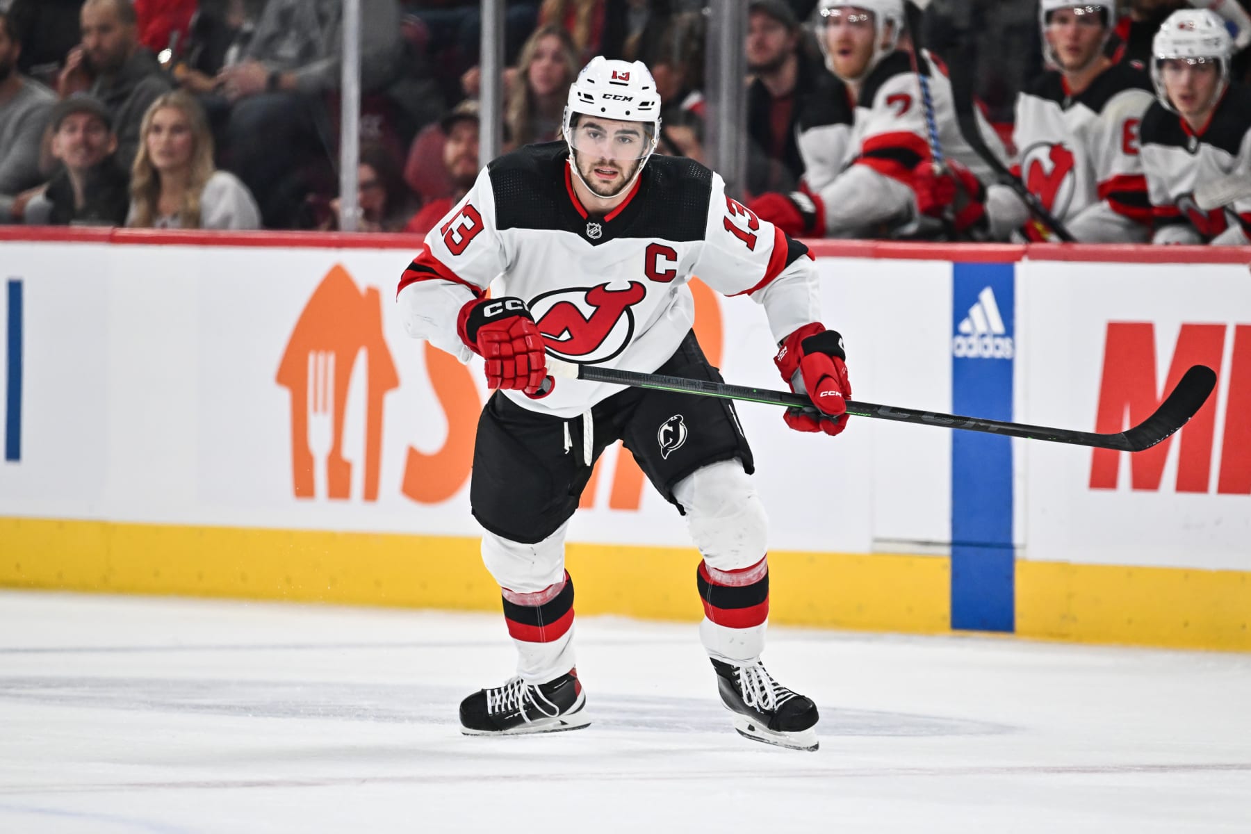 MONTREAL, CANADA - OCTOBER 24:  Nico Hischier #13 of the New Jersey Devils skates during the first period against the Montreal Canadiens at the Bell Centre on October 24, 2023 in Montreal, Quebec, Canada.  The New Jersey Devils defeated the Montreal Canadiens 5-2.  (Photo by Minas Panagiotakis/Getty Images)