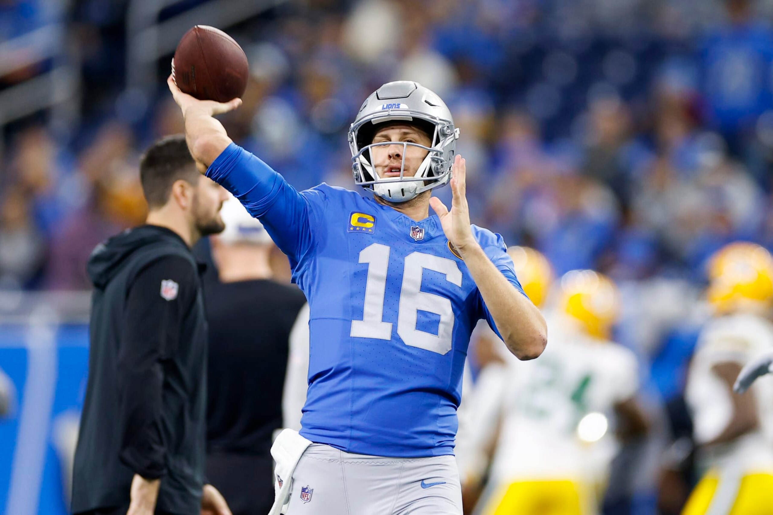 DETROIT, MICHIGAN - NOVEMBER 23: Jared Goff #16 of the Detroit Lions warms up prior to a game against the Green Bay Packers at Ford Field on November 23, 2023 in Detroit, Michigan. (Photo by Mike Mulholland/Getty Images)