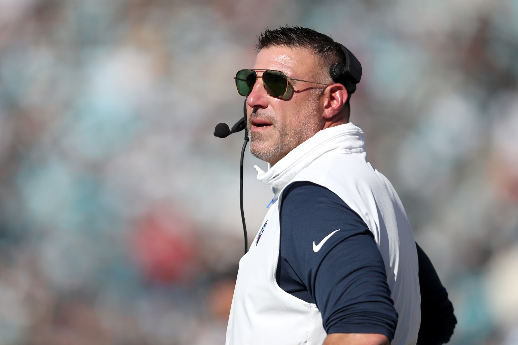 JACKSONVILLE, FLORIDA - NOVEMBER 19: Head coach Mike Vrabel of the Tennessee Titans looks on in the first quarter against the Jacksonville Jaguars at EverBank Stadium on November 19, 2023 in Jacksonville, Florida. (Photo by Courtney Culbreath/Getty Images)