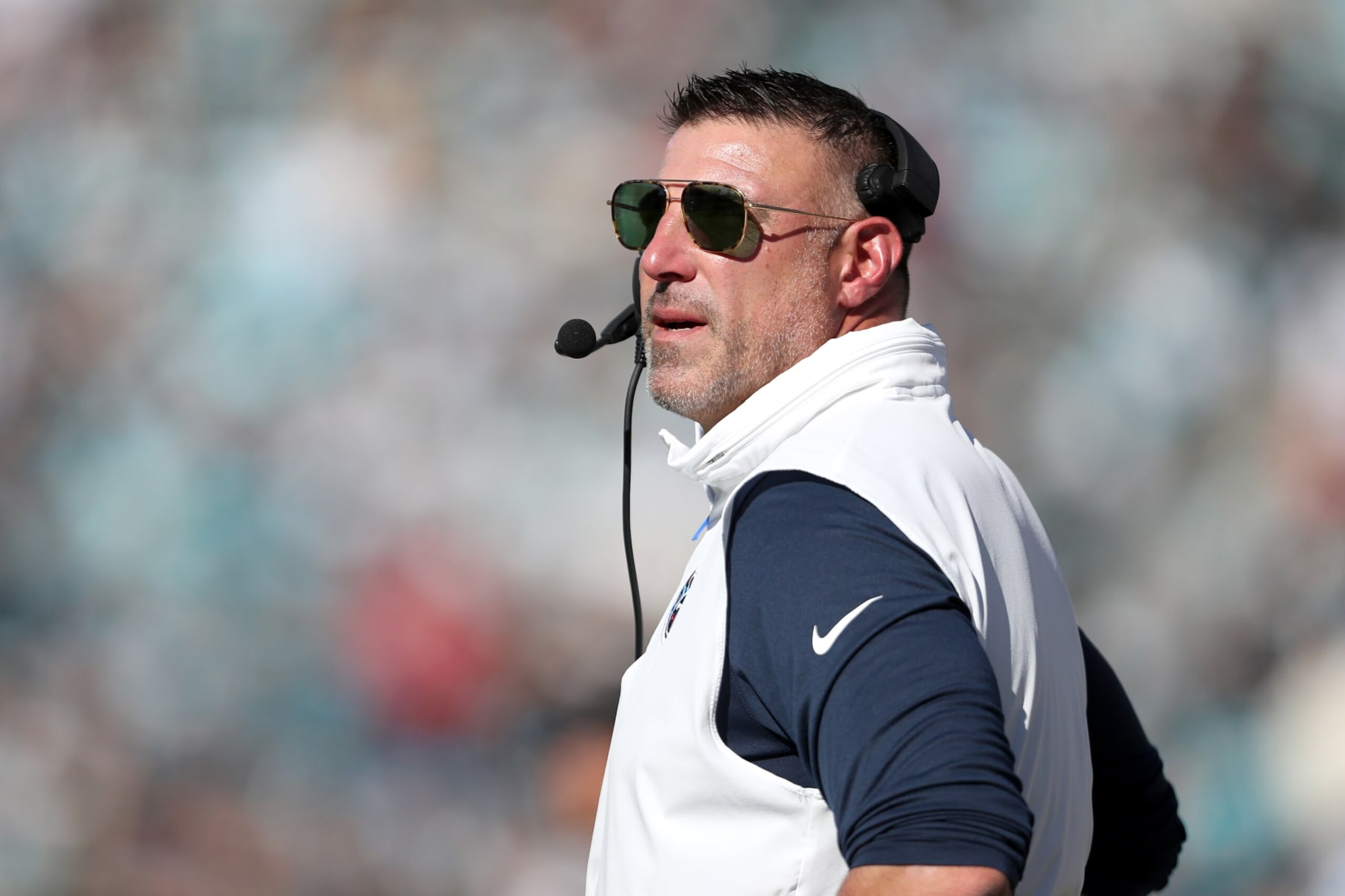JACKSONVILLE, FLORIDA - NOVEMBER 19: Head coach Mike Vrabel of the Tennessee Titans looks on in the first quarter against the Jacksonville Jaguars at EverBank Stadium on November 19, 2023 in Jacksonville, Florida. (Photo by Courtney Culbreath/Getty Images) JACKSONVILLE, FLORIDA - NOVEMBER 19: Head coach Mike Vrabel of the Tennessee Titans looks on in the first quarter against the Jacksonville Jaguars at EverBank Stadium on November 19, 2023 in Jacksonville, Florida. (Photo by Courtney Culbreath/Getty Images)