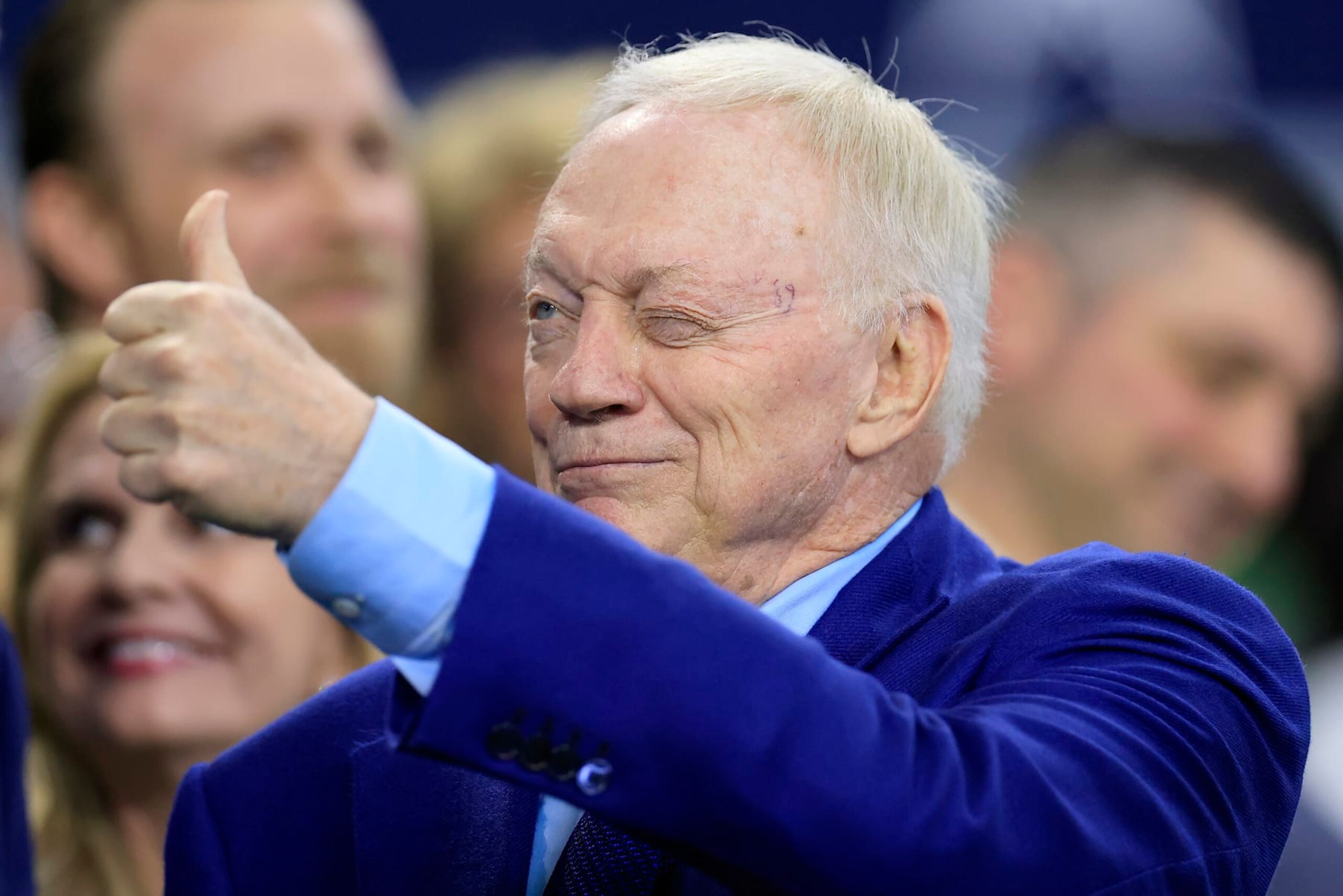 ARLINGTON, TEXAS - NOVEMBER 12: Dallas Cowboys owner Jerry Jones waves to fans during the game against the New York Giants at AT&T Stadium on November 12, 2023 in Arlington, Texas. (Photo by Ron Jenkins/Getty Images)