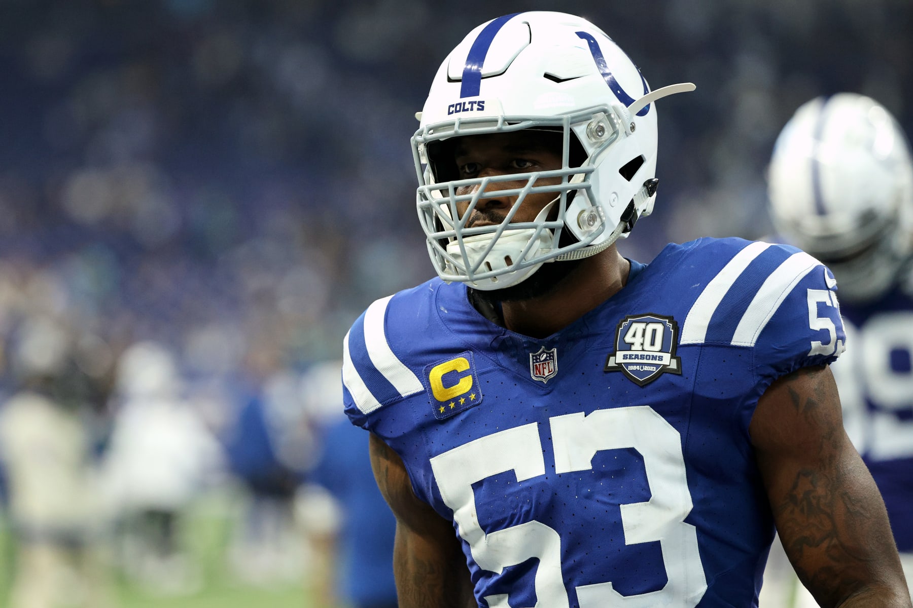 INDIANAPOLIS, INDIANA - SEPTEMBER 10: Shaquille Leonard #53 of the Indianapolis Colts looks on in the second half of a game against the Jacksonville Jaguars  at Lucas Oil Stadium on September 10, 2023 in Indianapolis, Indiana. (Photo by Michael Hickey/Getty Images)