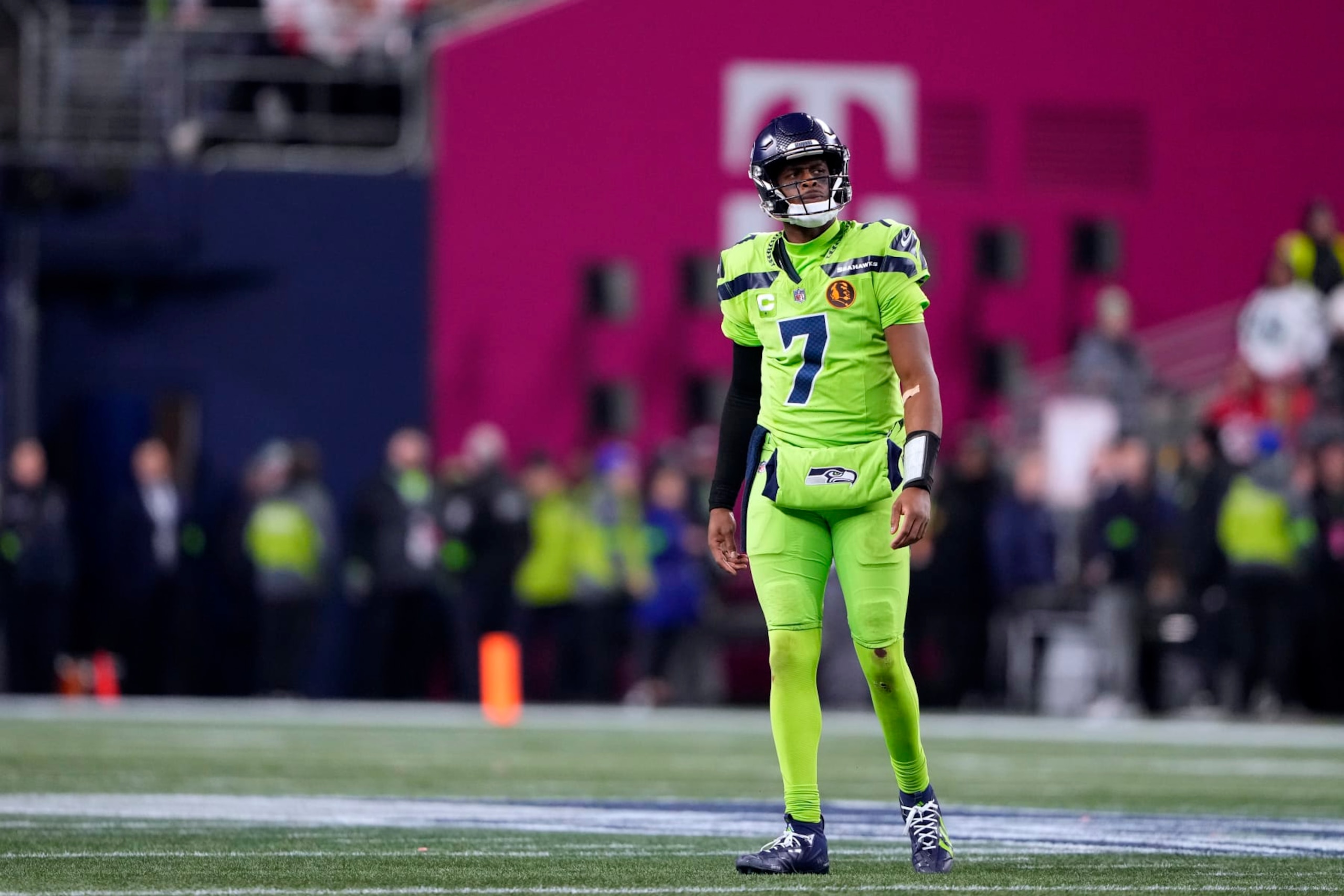 Seattle Seahawks quarterback Geno Smith walks off the field during the first half of an NFL football game against the San Francisco 49ers, Thursday, Nov. 23, 2023, in Seattle. (AP Photo/Lindsey Wassen) Seattle Seahawks quarterback Geno Smith walks off the field during the first half of an NFL football game against the San Francisco 49ers, Thursday, Nov. 23, 2023, in Seattle. (AP Photo/Lindsey Wassen)