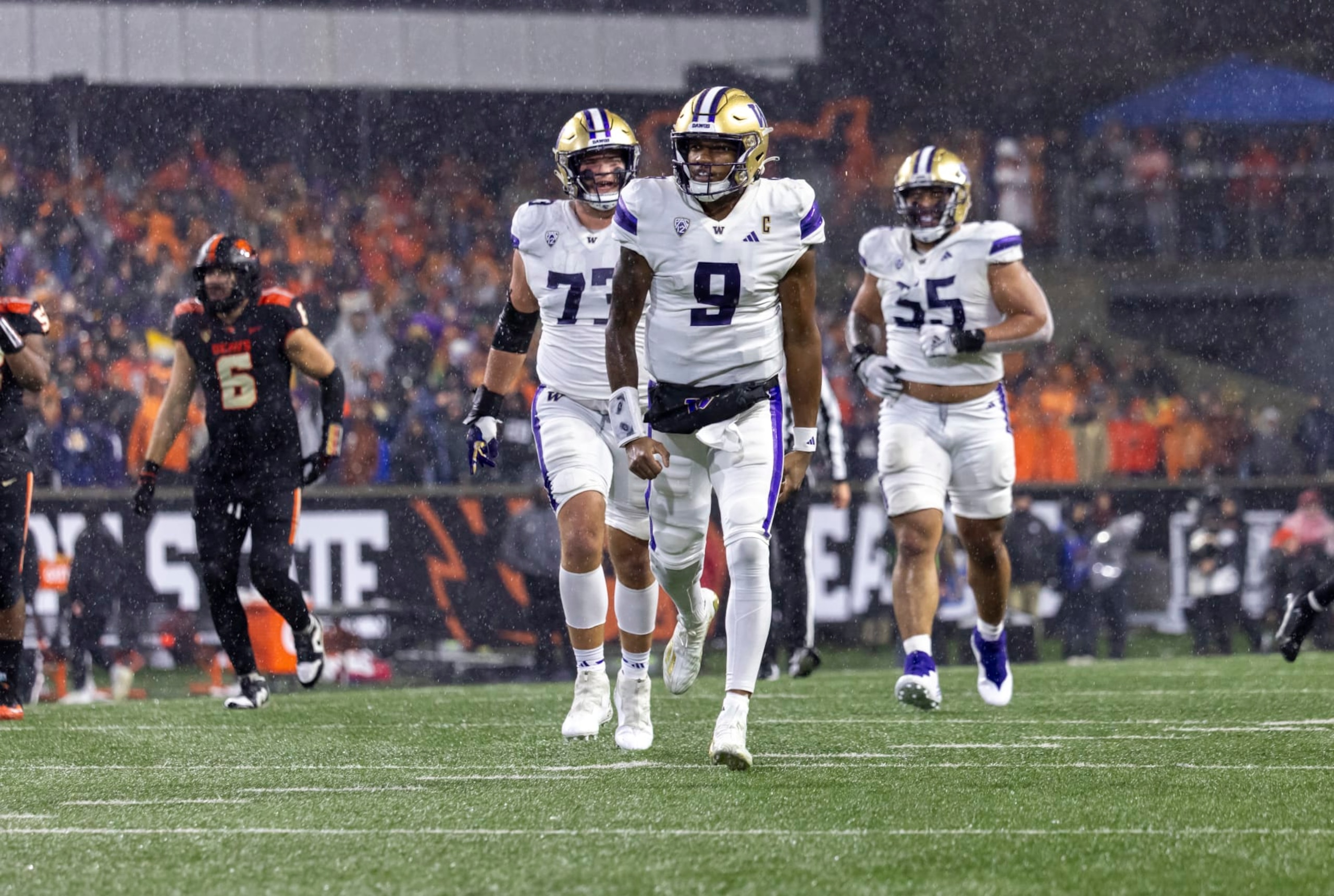 CORVALLIS, OREGON - NOVEMBER 18: Michael Penix Jr. #9 of the Washington Huskies celebrates a touchdown against the Oregon State Beavers at Reser Stadium on November 18, 2023 in Corvallis, Oregon. (Photo by Tom Hauck/Getty Images) CORVALLIS, OREGON - NOVEMBER 18: Michael Penix Jr. #9 of the Washington Huskies celebrates a touchdown against the Oregon State Beavers at Reser Stadium on November 18, 2023 in Corvallis, Oregon. (Photo by Tom Hauck/Getty Images)