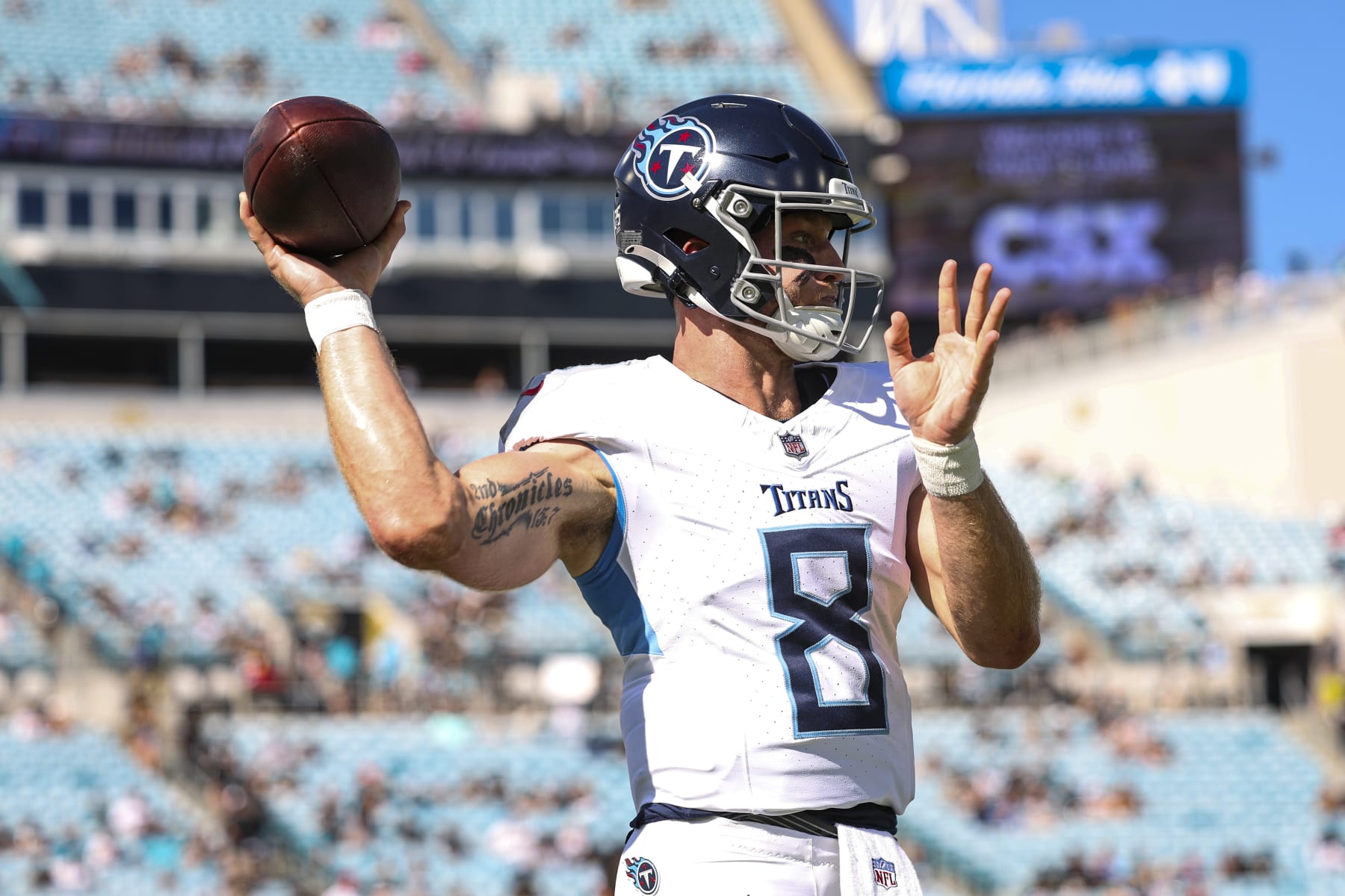 JACKSONVILLE, FL - NOVEMBER 19: Will Levis #8 of the Tennessee Titans warms up prior to an NFL football game against the Jacksonville Jaguars at EverBank Stadium on November 19, 2023 in Jacksonville, Florida. (Photo by Perry Knotts/Getty Images)
