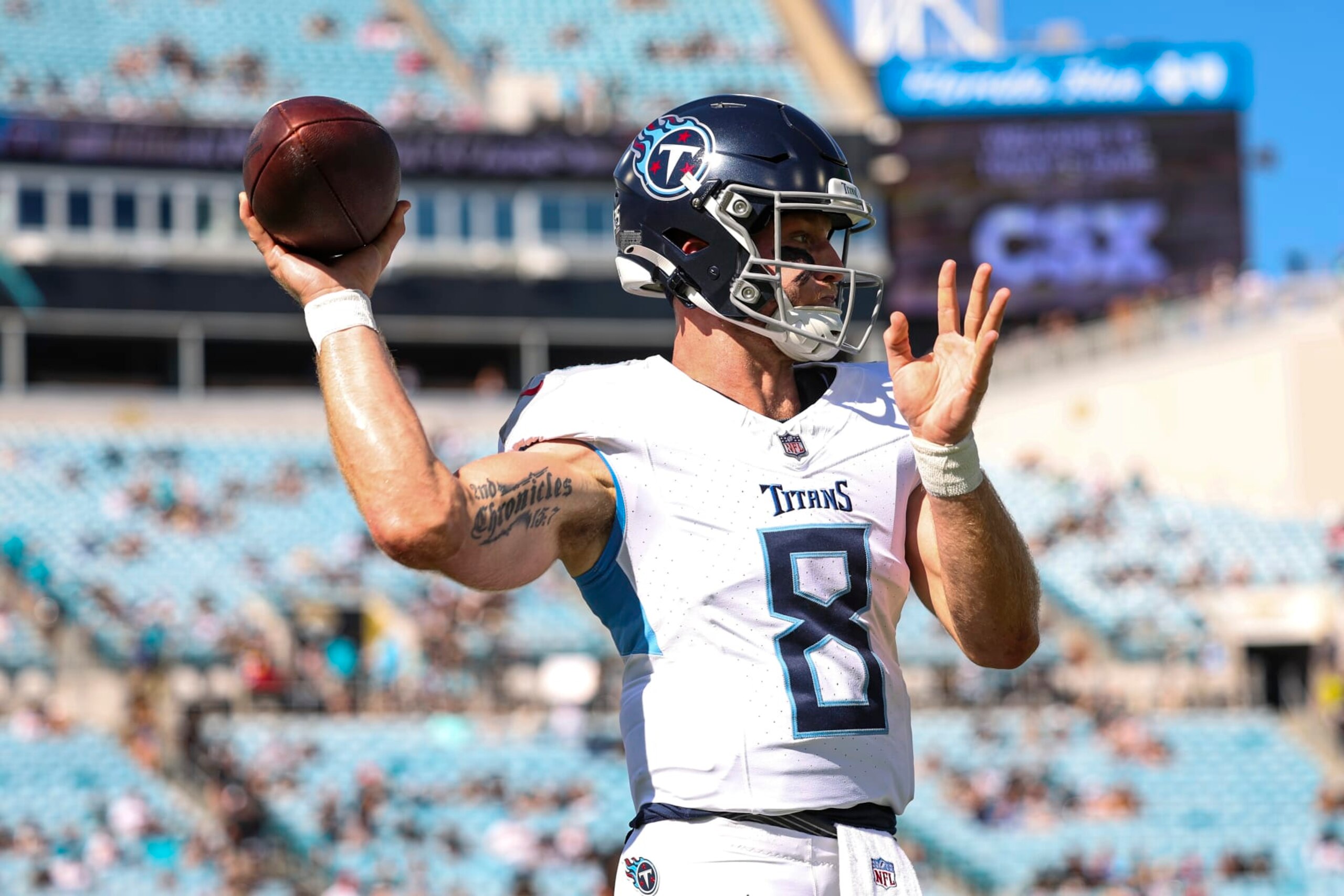 JACKSONVILLE, FL - NOVEMBER 19: Will Levis #8 of the Tennessee Titans warms up prior to an NFL football game against the Jacksonville Jaguars at EverBank Stadium on November 19, 2023 in Jacksonville, Florida. (Photo by Perry Knotts/Getty Images)