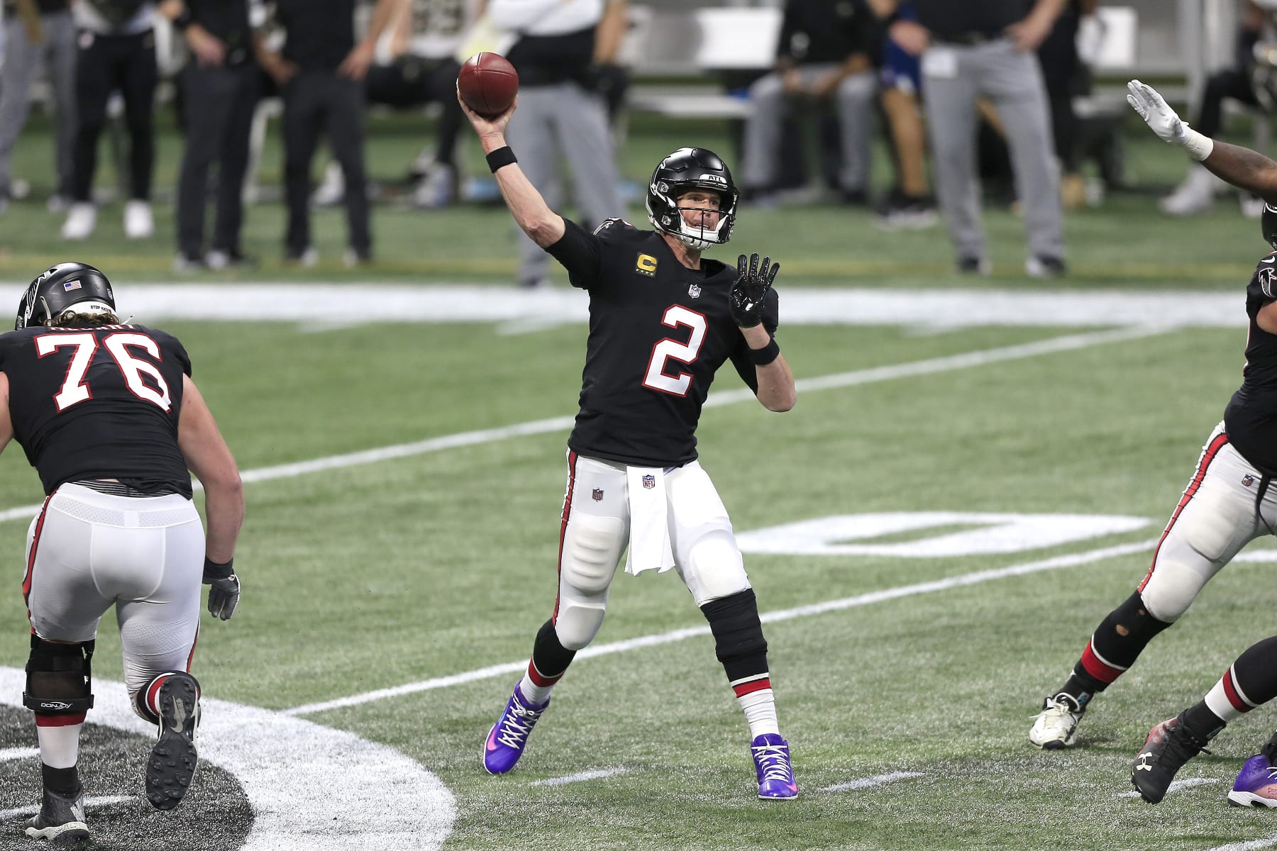 ATLANTA, GA - DECEMBER 06: Quarterback Matt Ryan #2 of the Atlanta Falcons during the week 13 NFL football game between the Atlanta Falcons and the New Orleans Saints on December 06, 2020 at the Mercedes-Benz Stadium in Atlanta, Georgia.  (Photo by David John Griffin/Icon Sportswire via Getty Images)