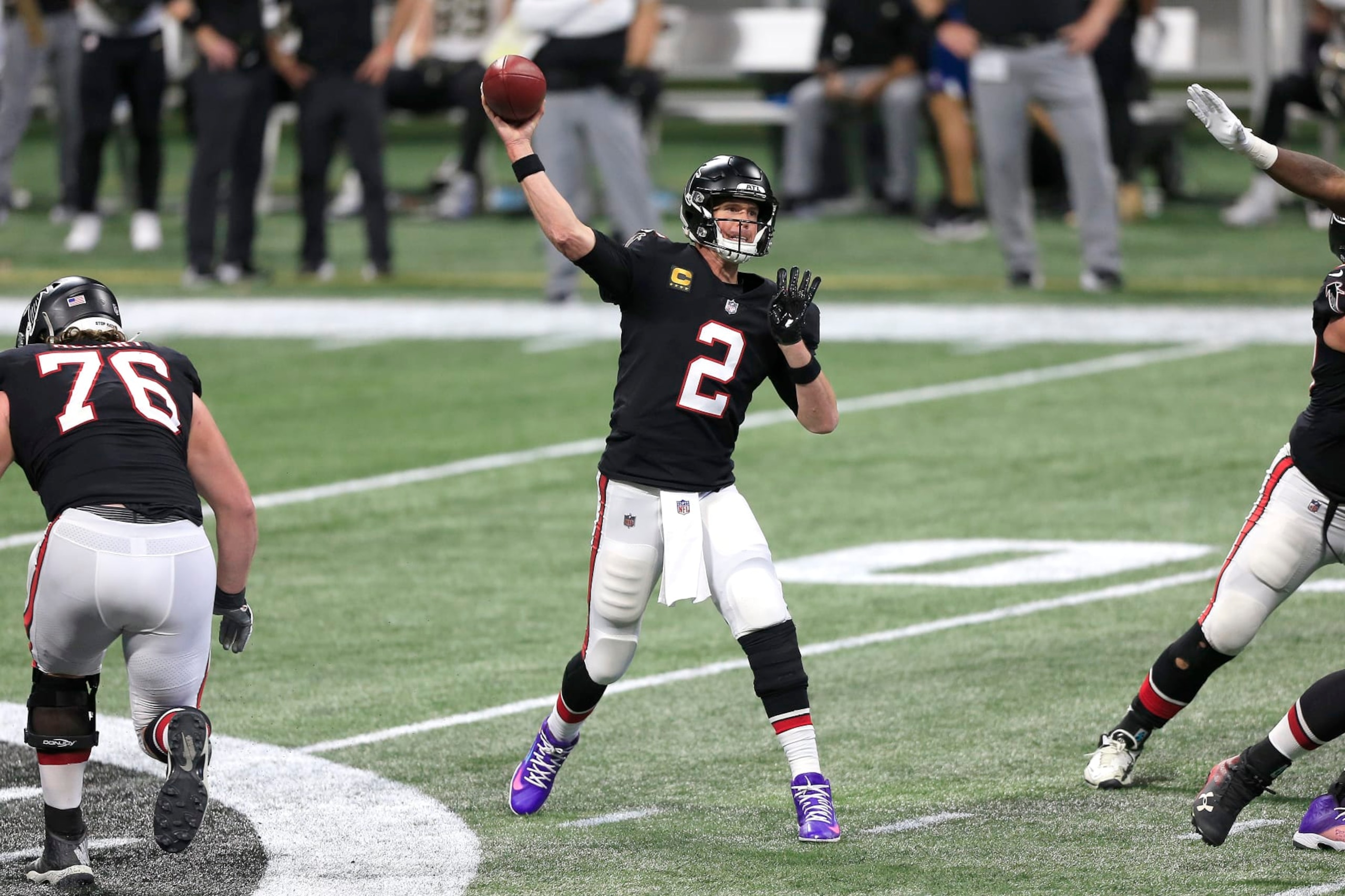 ATLANTA, GA - DECEMBER 06: Quarterback Matt Ryan #2 of the Atlanta Falcons during the week 13 NFL football game between the Atlanta Falcons and the New Orleans Saints on December 06, 2020 at the Mercedes-Benz Stadium in Atlanta, Georgia.  (Photo by David John Griffin/Icon Sportswire via Getty Images)