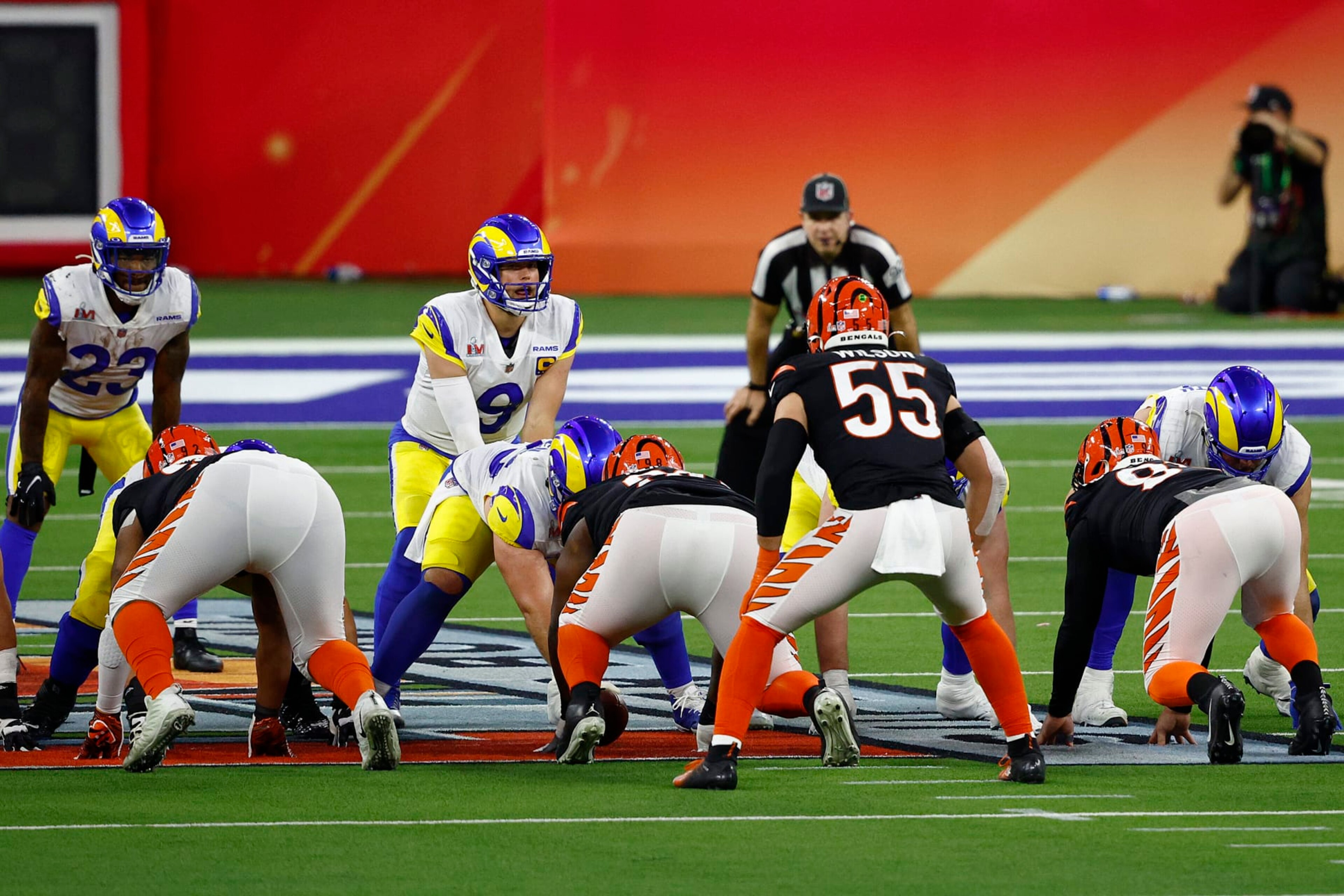 INGLEWOOD, CALIFORNIA - FEBRUARY 13: Matthew Stafford #9 of the Los Angeles Rams prepares for the snap during Super Bowl LVI at SoFi Stadium on February 13, 2022 in Inglewood, California. The Los Angeles Rams defeated the Cincinnati Bengals 23-20. (Photo by Ronald Martinez/Getty Images) INGLEWOOD, CALIFORNIA - FEBRUARY 13: Matthew Stafford #9 of the Los Angeles Rams prepares for the snap during Super Bowl LVI at SoFi Stadium on February 13, 2022 in Inglewood, California. The Los Angeles Rams defeated the Cincinnati Bengals 23-20. (Photo by Ronald Martinez/Getty Images)