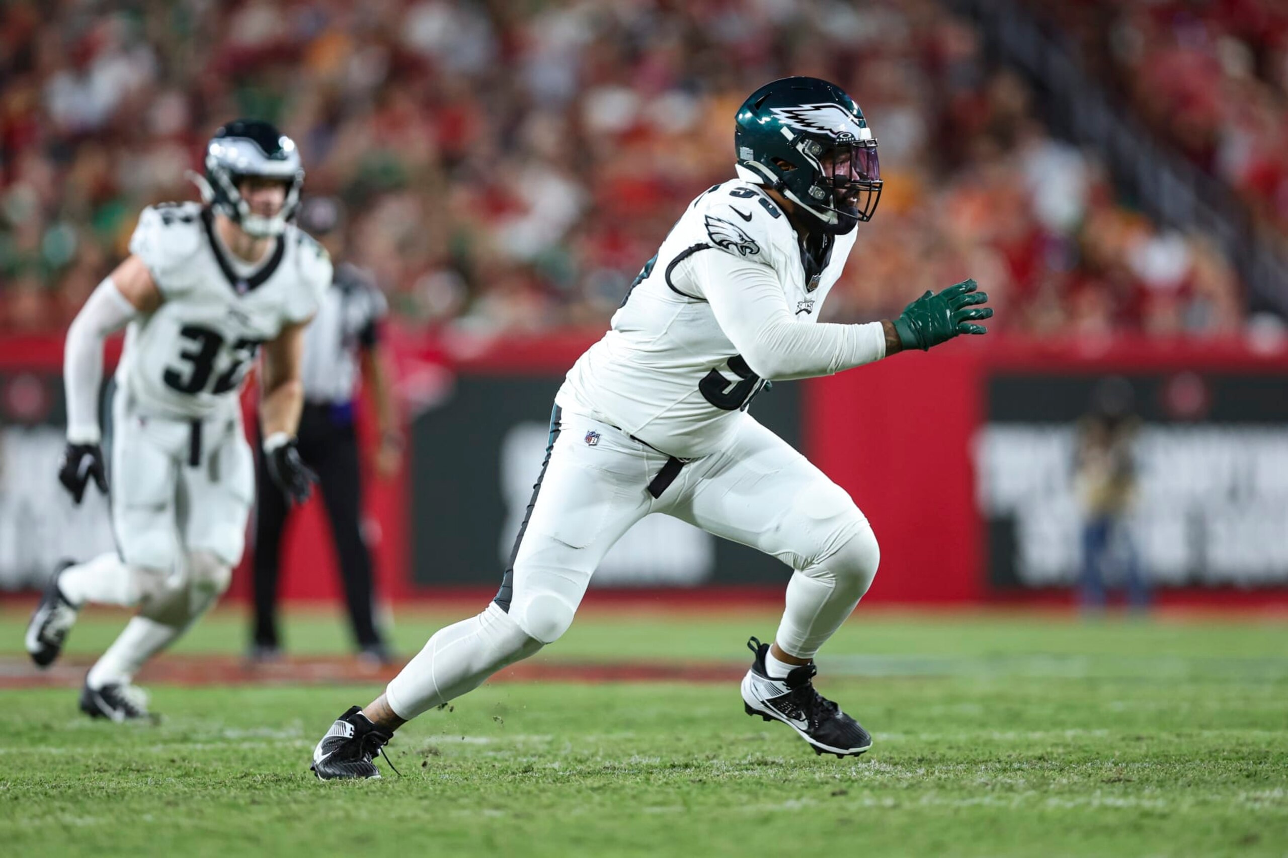 TAMPA, FL - SEPTEMBER 25: Derek Barnett #96 of the Philadelphia Eagles rushes the passer during an NFL football game against the Tampa Bay Buccaneers at Raymond James Stadium on September 25, 2023 in Tampa, Florida. (Photo by Perry Knotts/Getty Images)