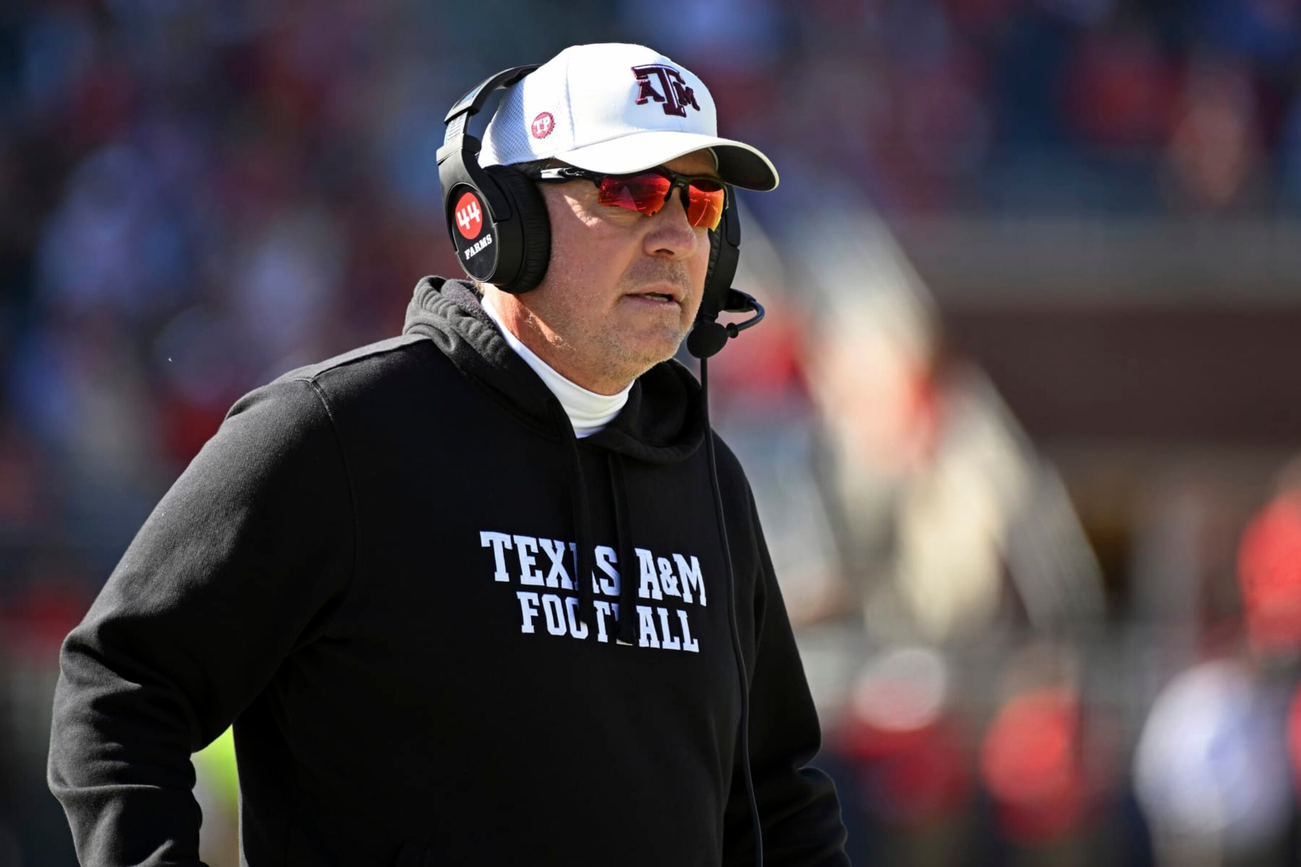 Texas A&M head coach Jimbo Fisher watches on during the first half of an NCAA college football game against Mississippi in Oxford, Miss., Saturday, Nov. 4, 2023. (AP Photo/Thomas Graning)