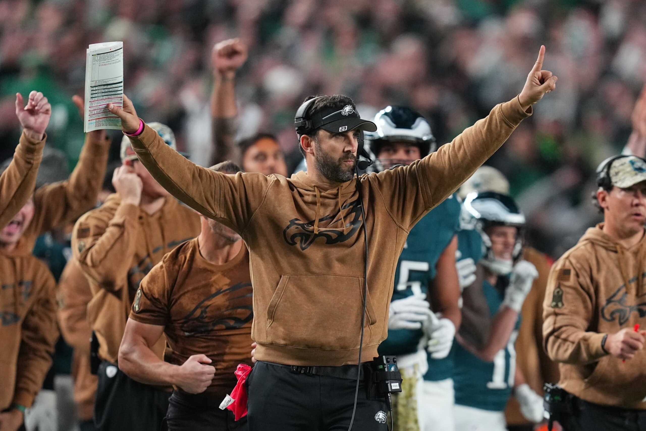 PHILADELPHIA, PENNSYLVANIA - NOVEMBER 05: Head coach Nick Sirianni of the Philadelphia Eagles reacts in the game against the Dallas Cowboys in the game against the Dallas Cowboys at Lincoln Financial Field on November 05, 2023 in Philadelphia, Pennsylvania. (Photo by Mitchell Leff/Getty Images)