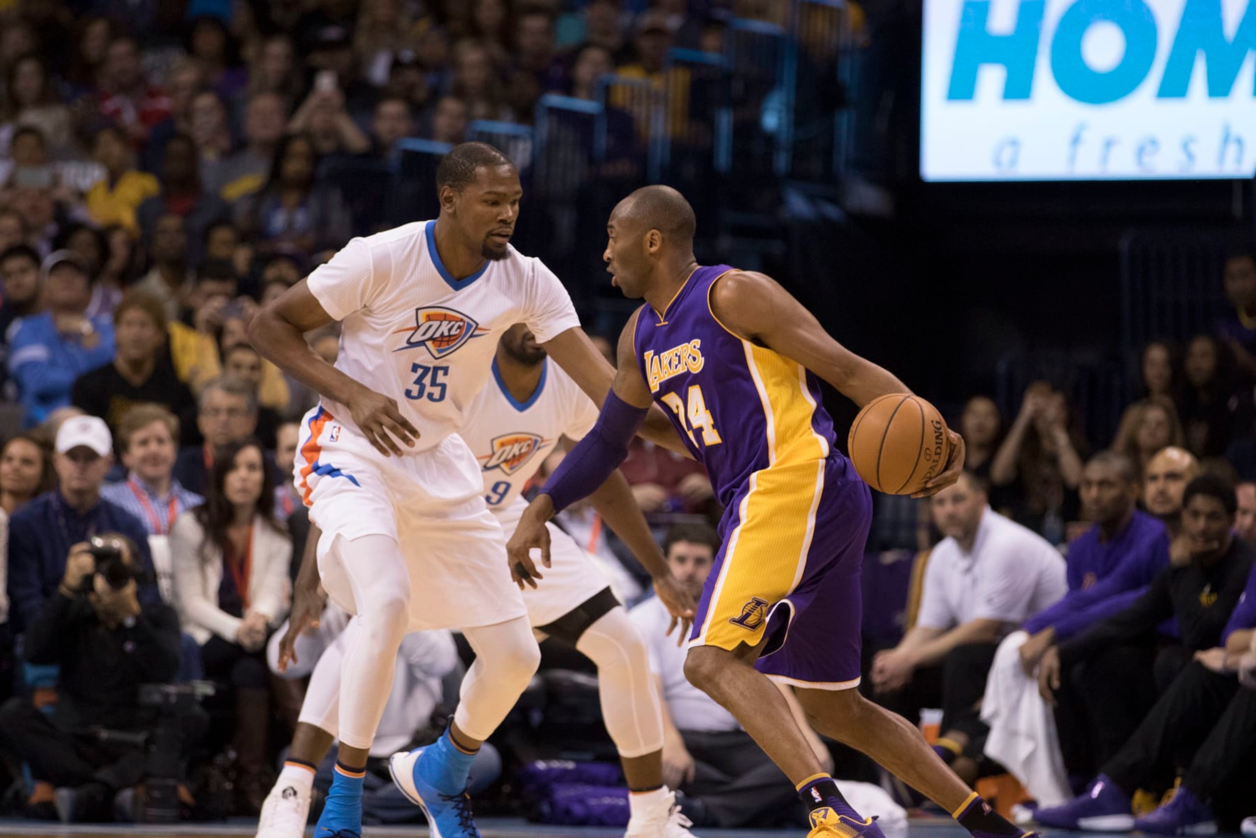 OKLAHOMA CITY, OK - APRIL 11: Kobe Bryant #24 of the Los Angeles Lakers drives around Kevin Durant #35 of the Oklahoma City Thunder during a NBA game at the Chesapeake Energy Arena on April 11, 2016 in Oklahoma City, Oklahoma. NOTE TO USER: User expressly acknowledges and agrees that, by downloading and or using this photograph, User is consenting to the terms and conditions of the Getty Images License Agreement. (Photo by J Pat Carter/Getty Images) OKLAHOMA CITY, OK - APRIL 11: Kobe Bryant #24 of the Los Angeles Lakers drives around Kevin Durant #35 of the Oklahoma City Thunder during a NBA game at the Chesapeake Energy Arena on April 11, 2016 in Oklahoma City, Oklahoma. NOTE TO USER: User expressly acknowledges and agrees that, by downloading and or using this photograph, User is consenting to the terms and conditions of the Getty Images License Agreement. (Photo by J Pat Carter/Getty Images)
