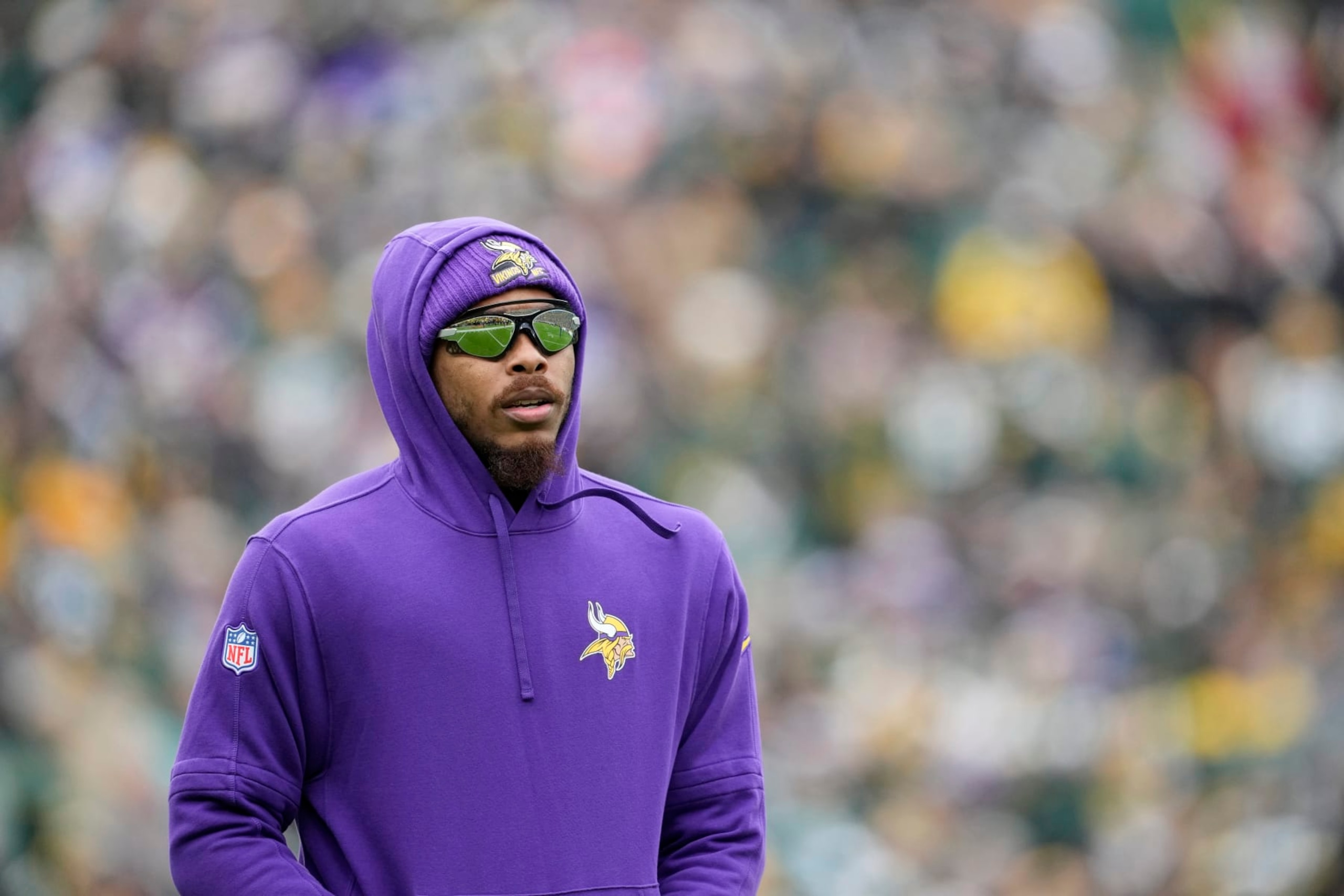 GREEN BAY, WISCONSIN - OCTOBER 29: Justin Jefferson #18 of the Minnesota Vikings looks on prior to the game against the Green Bay Packers at Lambeau Field on October 29, 2023 in Green Bay, Wisconsin. (Photo by Patrick McDermott/Getty Images)