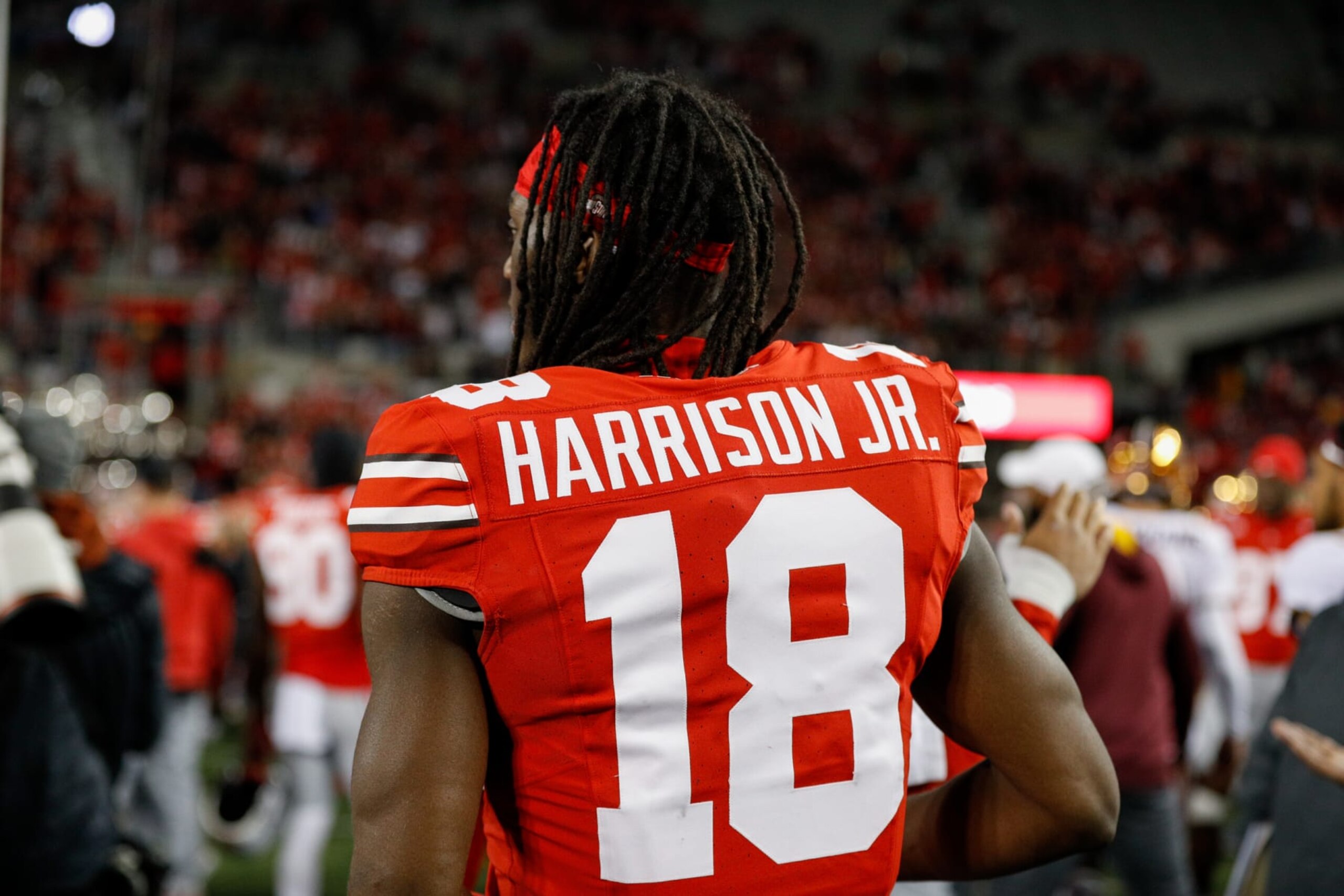 COLUMBUS, OH - NOVEMBER 18: Ohio State Buckeyes wide receiver Marvin Harrison Jr. (18) walks off the field after the game against the Minnesota Golden Gophers and the Ohio State Buckeyes on November 18, 2023, at Ohio Stadium in Columbus, OH. (Photo by Ian Johnson/Icon Sportswire via Getty Images)