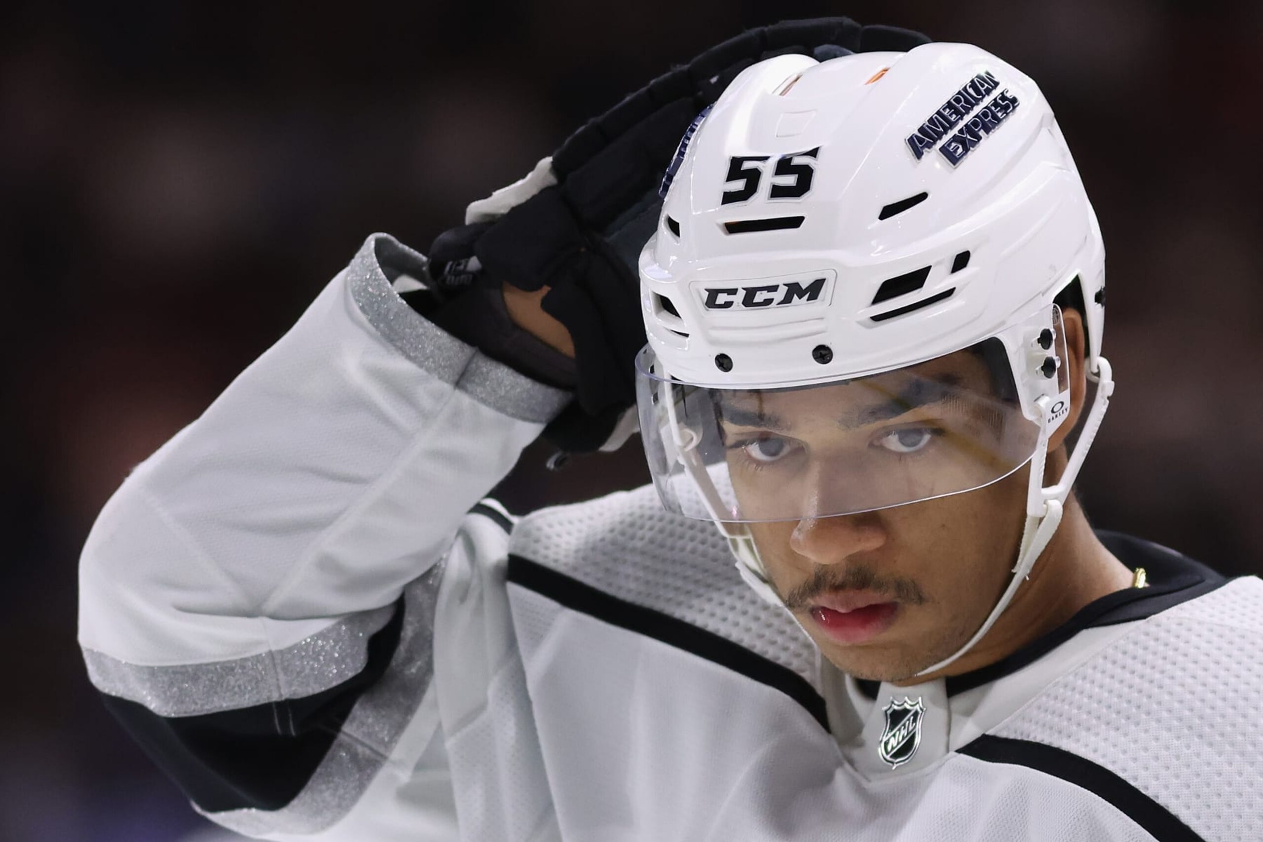 TEMPE, ARIZONA - NOVEMBER 20: Quinton Byfield #55 of the Los Angeles Kings during the first period of the NHL game at Mullett Arena on November 20, 2023 in Tempe, Arizona. (Photo by Christian Petersen/Getty Images)