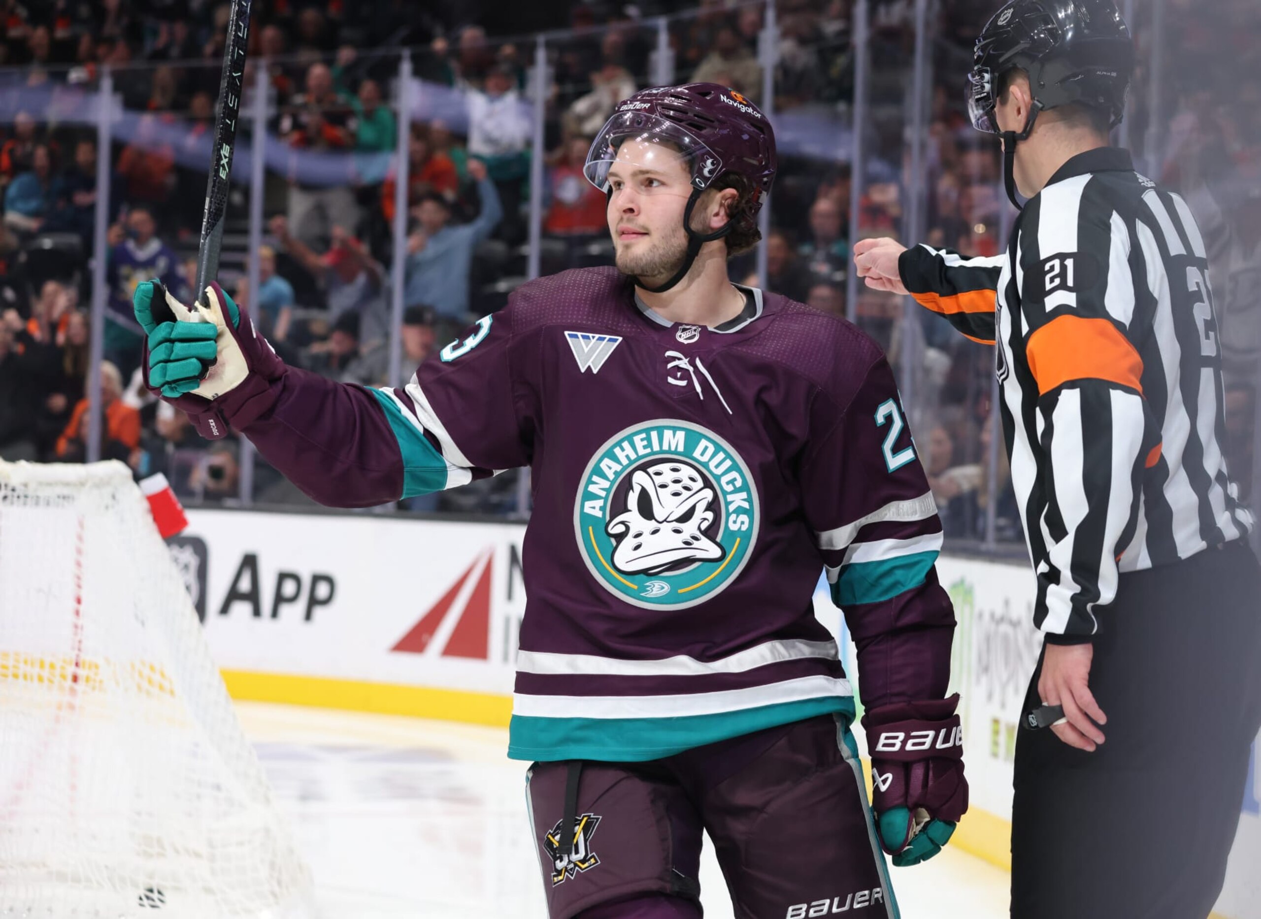 ANAHEIM, CA - NOVEMBER 12: Mason McTavish #23 of the Anaheim Ducks celebrates his third-period goal against the San Jose Sharks during the game at Honda Center on November 12, 2023 in Anaheim, California. (Photo by Debora Robinson/NHLI via Getty Images)