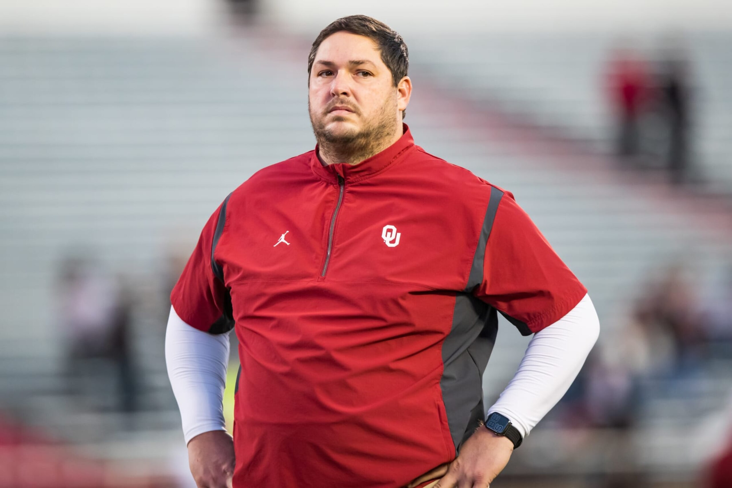 LUBBOCK, TEXAS - NOVEMBER 26: Offensive coordinator Jeff Lebby of the Oklahoma Sooners looks on before the game against the Texas Tech Red Raiders at Jones AT&T Stadium on November 26, 2022 in Lubbock, Texas. (Photo by John E. Moore III/Getty Images)
