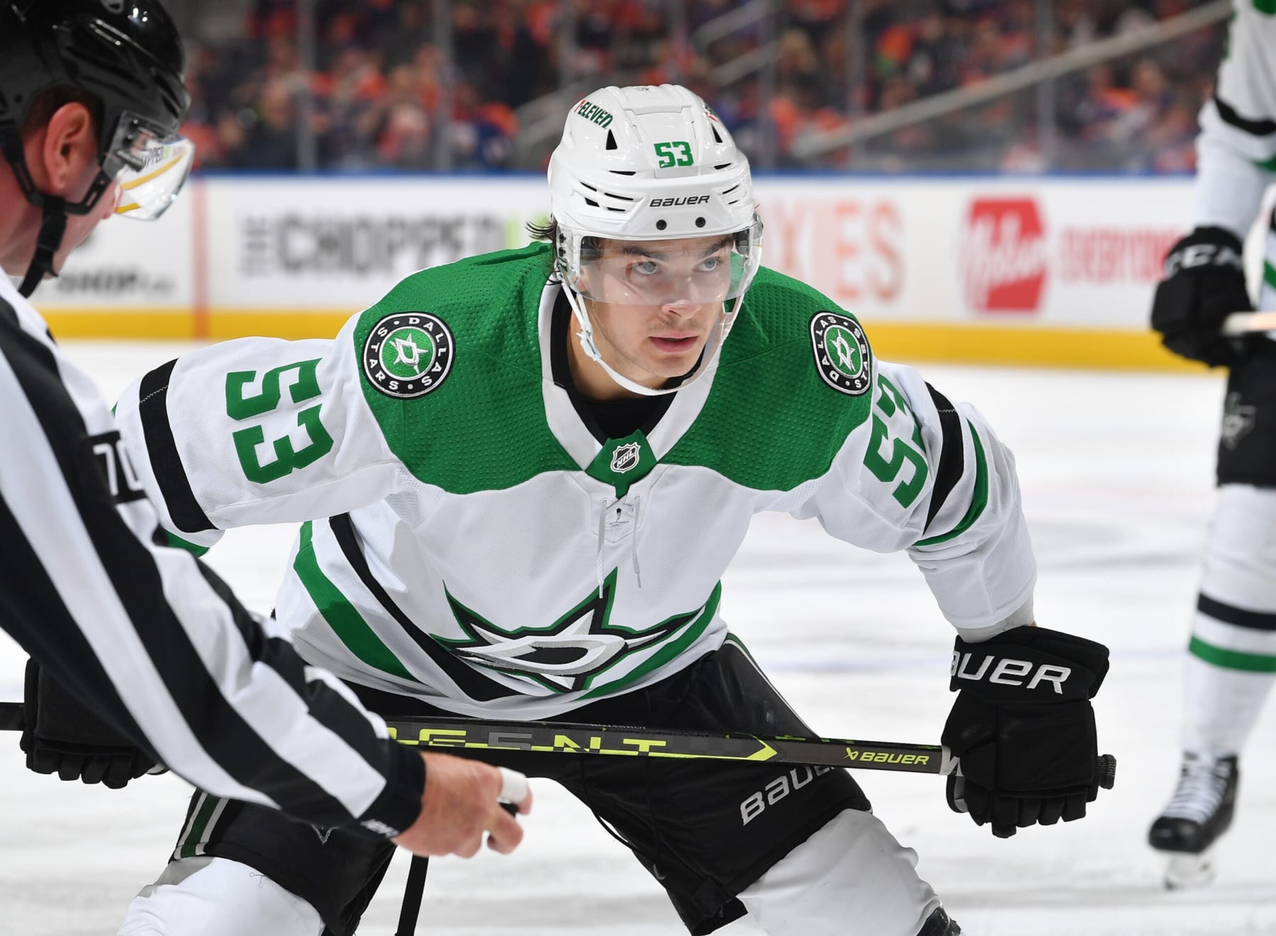 EDMONTON, CANADA - NOVEMBER 02: Wyatt Johnston #52 of the Dallas Stars awaits a face-off during the game against the Edmonton Oilers at Rogers Place on November 2, 2023, in Edmonton, Alberta, Canada. (Photo by Andy Devlin/NHLI via Getty Images)