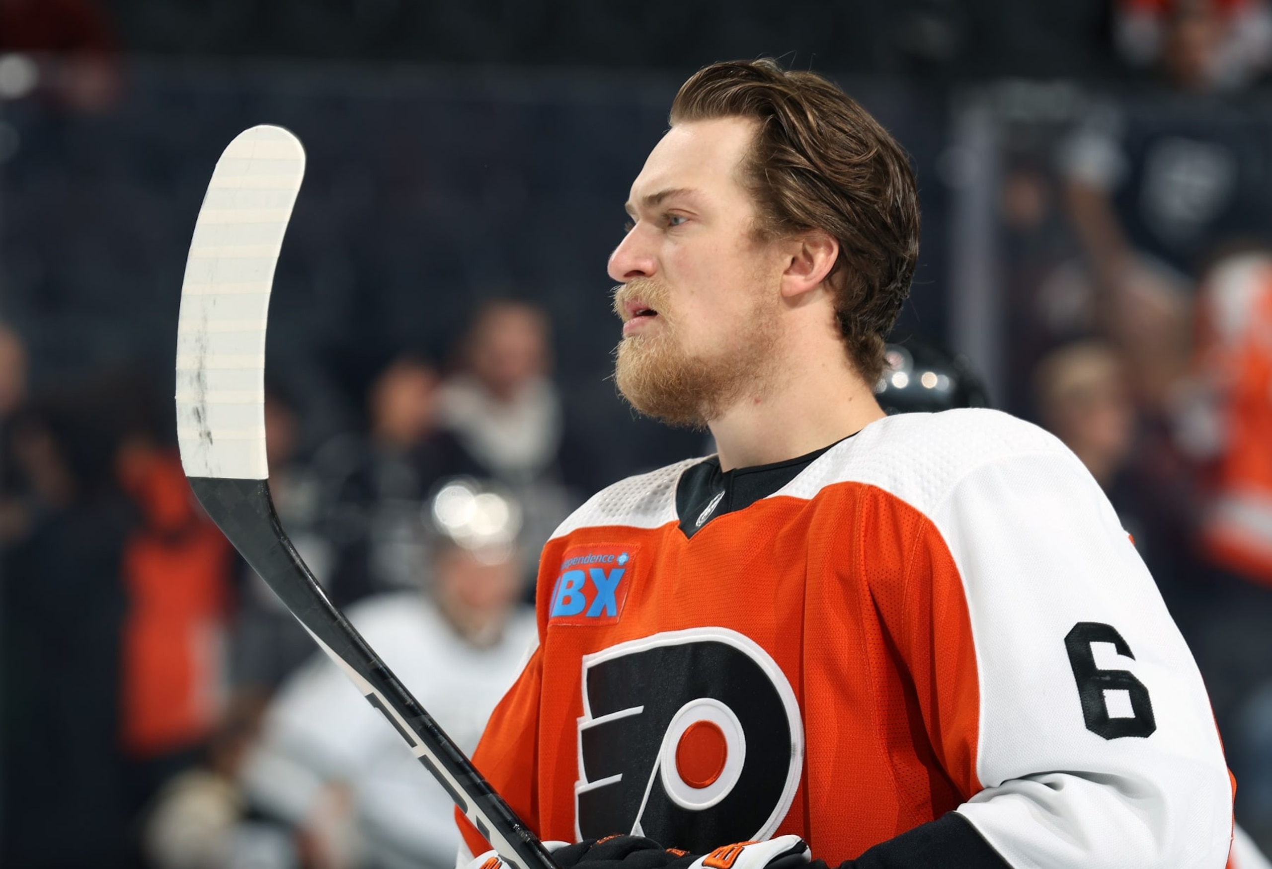 PHILADELPHIA, PENNSYLVANIA - NOVEMBER 04:  Travis Sanheim #6 of the Philadelphia Flyers looks on during warm-ups prior to his game against the Los Angeles Kings at the Wells Fargo Center on November 4, 2023 in Philadelphia, Pennsylvania.  (Photo by Len Redkoles/NHLI via Getty Images)