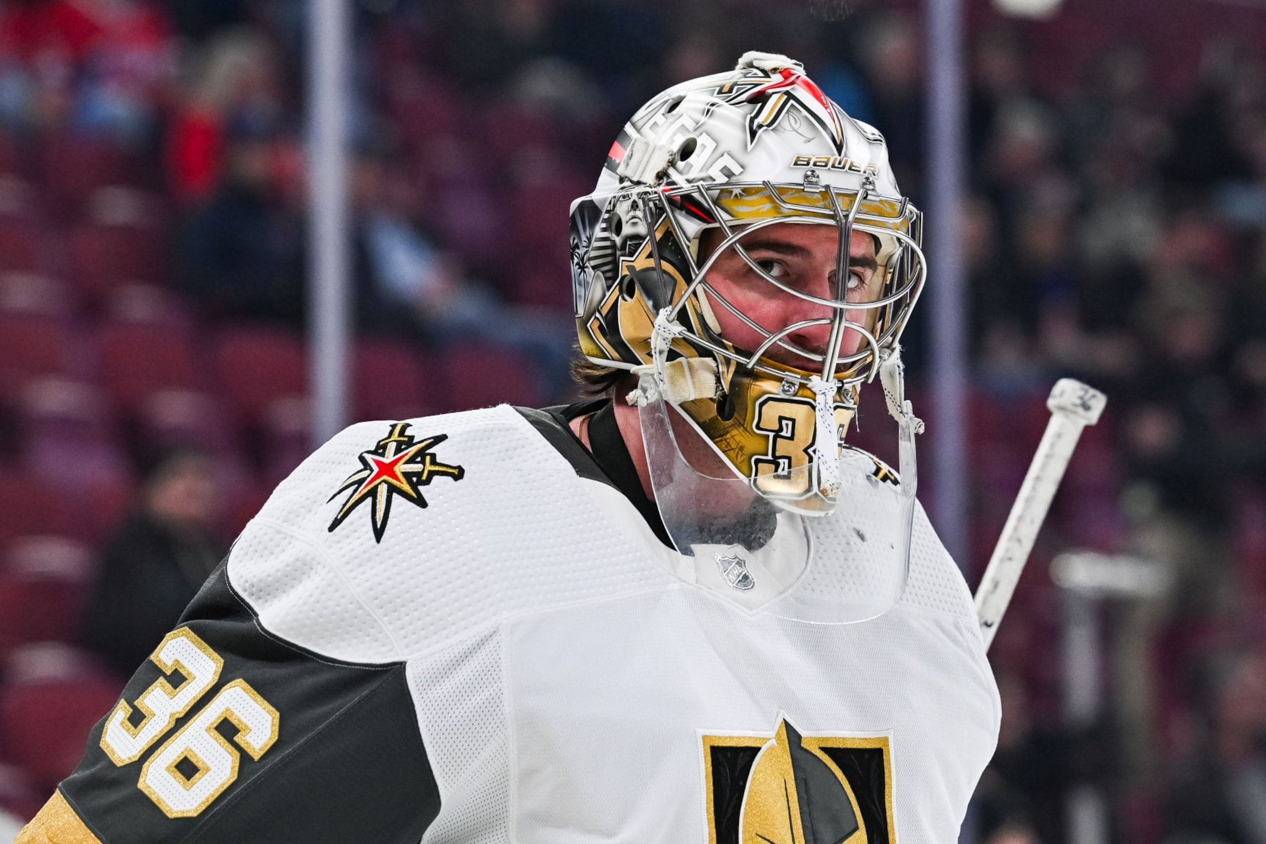 MONTREAL, QC - NOVEMBER 16: Look on Las Vegas Golden Knights goalie Logan Thompson (36) during the Las Vegas Golden Knights versus the Montreal Canadiens game on November 16, 2023, at Bell Centre in Montreal, QC (Photo by David Kirouac/Icon Sportswire via Getty Images)