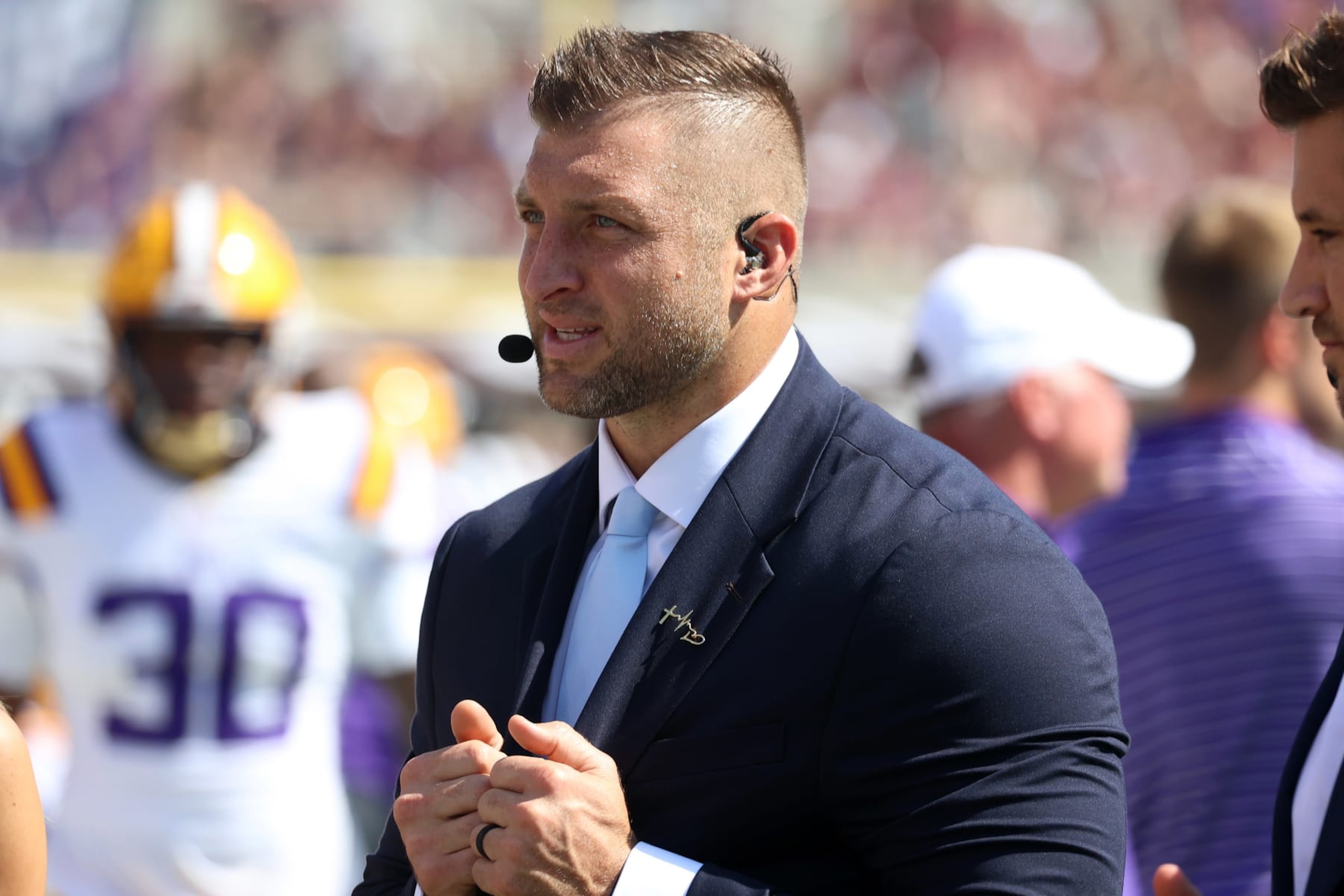 STARKVILLE, MS - SEPTEMBER 16: SEC Network host Tim Tebow during the game between the Mississippi State Bulldogs and the LSU Tigers on September 16, 2023 at Davis Wade Stadium in Starkville, Mississippi.  (Photo by Michael Wade/Icon Sportswire via Getty Images)