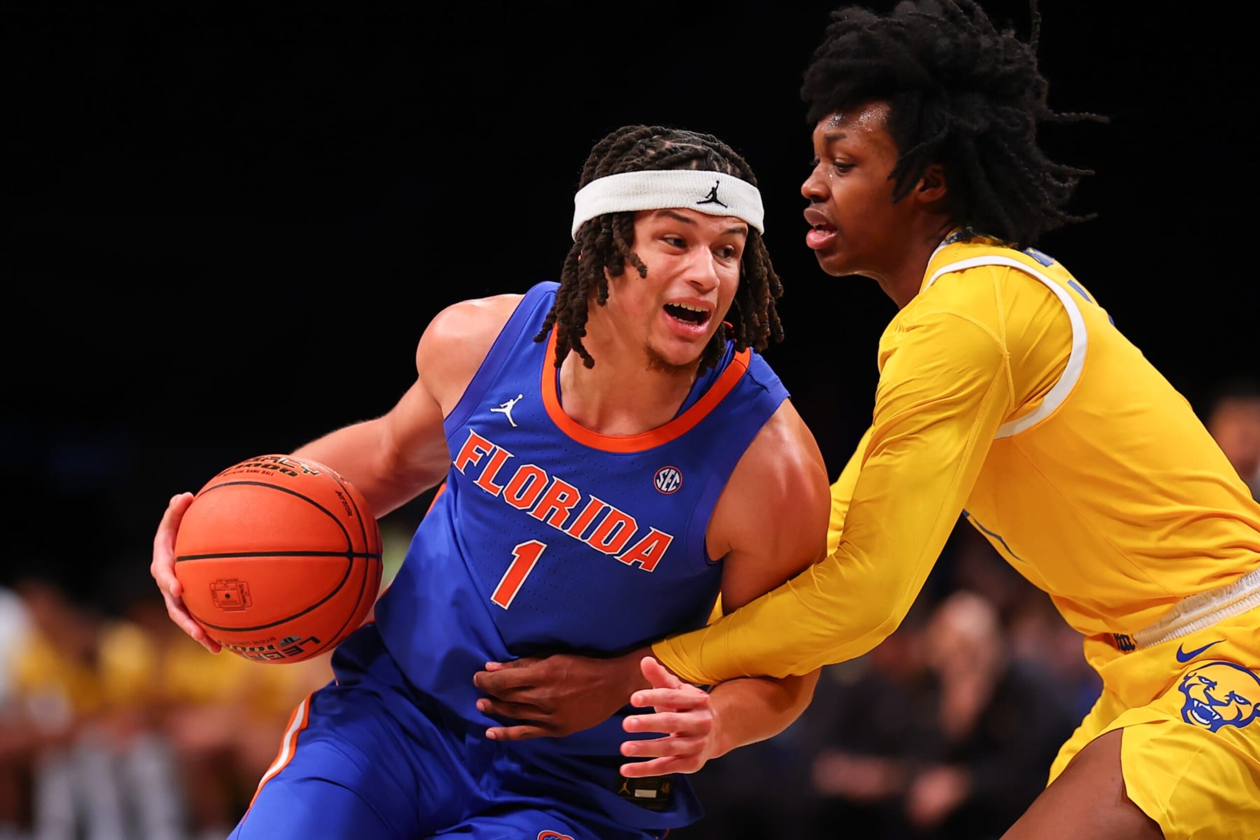 BROOKLYN, NY - NOVEMBER 22:  Walter Clayton Jr. #1 of the Florida Gators during the second half of the NIT Season Tip Off college basketball game against the Pittsburgh Panthers on November 22, 2023 at the Barclays Center in Brooklyn, New York.  (Photo by Rich Graessle/Icon Sportswire via Getty Images)