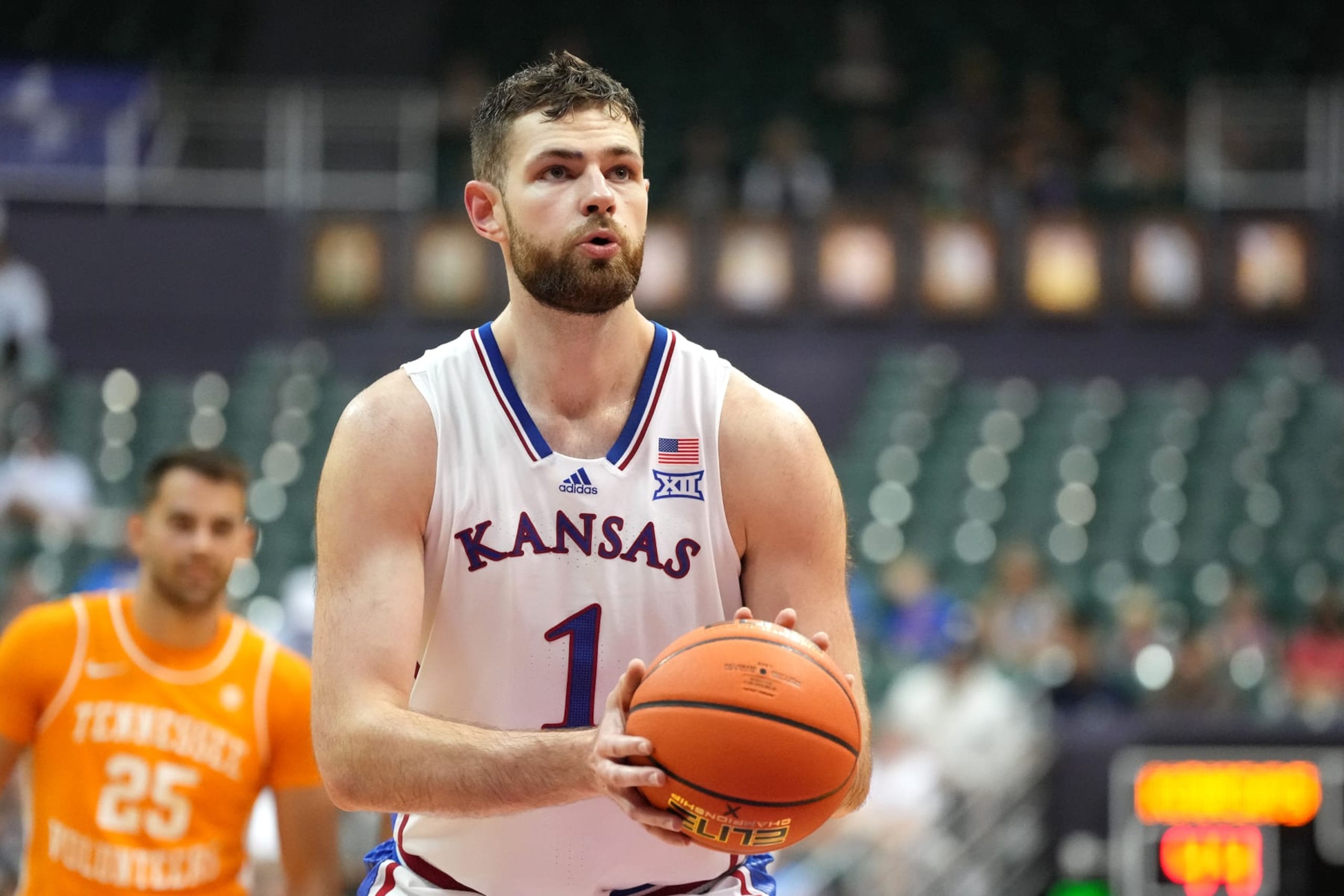 HONOLULU, HI - NOVEMBER 22:  Hunter Dickinson #1 of the Kansas Jayhawks takes a foul shot during the second half of a consolation game of the Allstate Maui Invitational at the SimpliFi Arena at Stan Sheriff Center on November 22, 2023 in Honolulu, Hawaii.  (Photo by Mitchell Layton/Getty Images)