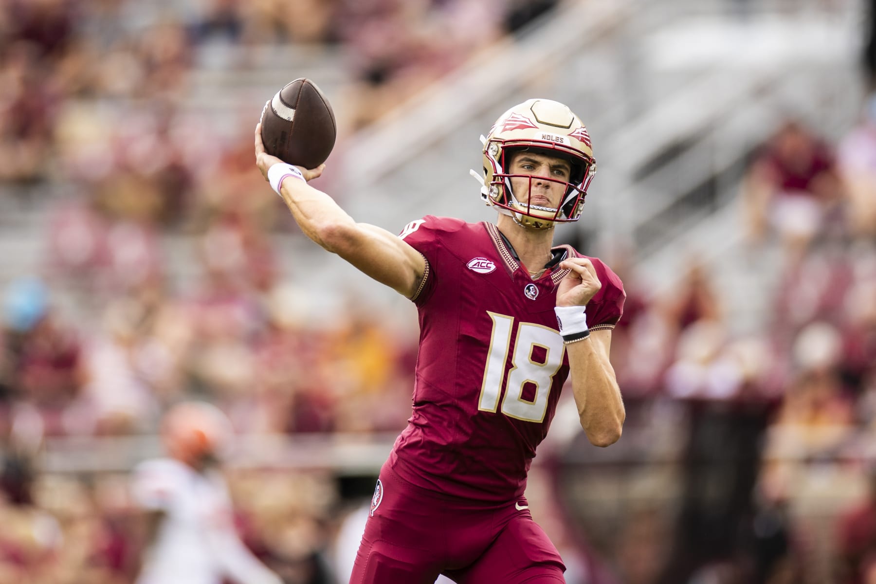 TALLAHASSEE, FLORIDA - OCTOBER 14: Tate Rodemaker #18 of the Florida State Seminoles throws a pass before the start of a game against the Syracuse Orange at Doak Campbell Stadium on October 14, 2023 in Tallahassee, Florida. (Photo by James Gilbert/Getty Images)