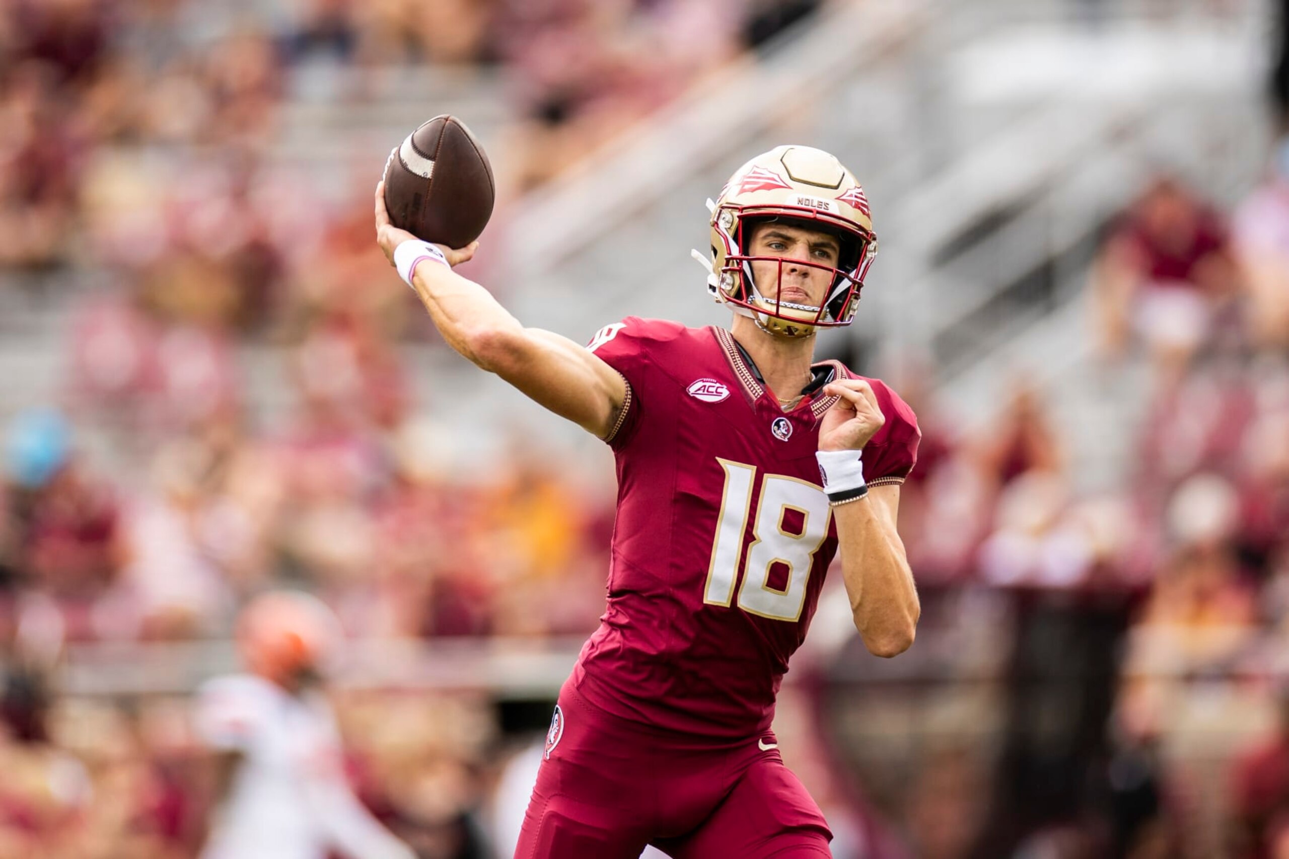 TALLAHASSEE, FLORIDA - OCTOBER 14: Tate Rodemaker #18 of the Florida State Seminoles throws a pass before the start of a game against the Syracuse Orange at Doak Campbell Stadium on October 14, 2023 in Tallahassee, Florida. (Photo by James Gilbert/Getty Images)
