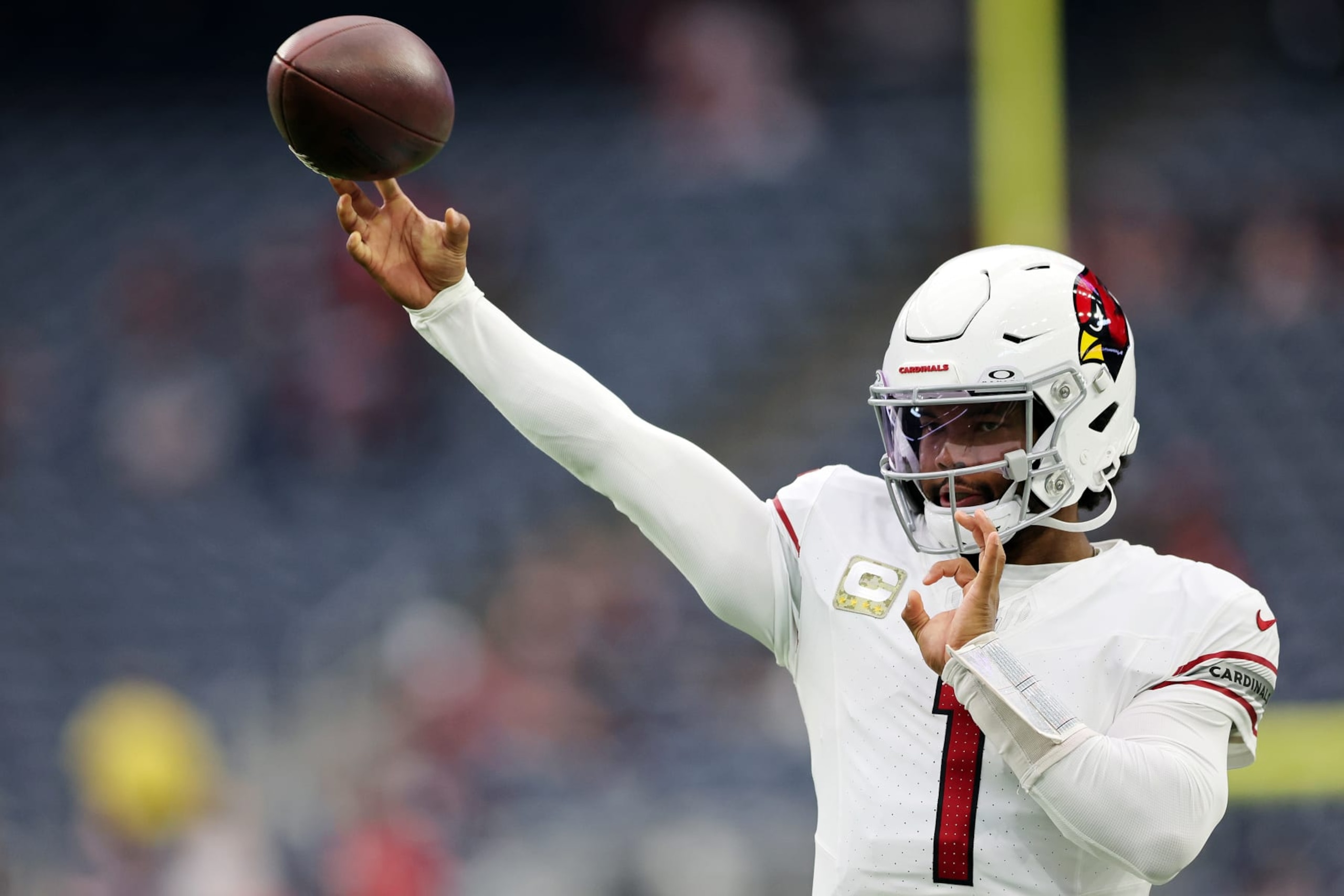 HOUSTON, TEXAS - NOVEMBER 19: Kyler Murray #1 of the Arizona Cardinals warms up prior to a game against the Houston Texans at NRG Stadium on November 19, 2023 in Houston, Texas. (Photo by Tim Warner/Getty Images) HOUSTON, TEXAS - NOVEMBER 19: Kyler Murray #1 of the Arizona Cardinals warms up prior to a game against the Houston Texans at NRG Stadium on November 19, 2023 in Houston, Texas. (Photo by Tim Warner/Getty Images)