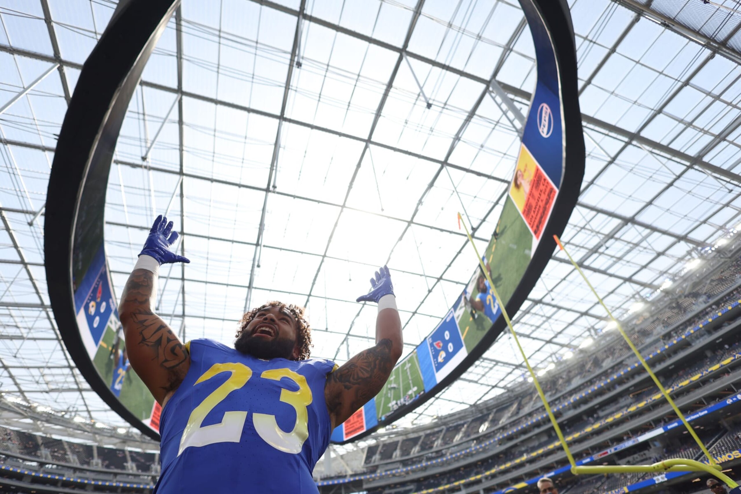 INGLEWOOD, CALIFORNIA - OCTOBER 15: Kyren Williams #23 of the Los Angeles Rams reacts towards fans before the game against the Arizona Cardinals at SoFi Stadium on October 15, 2023 in Inglewood, California. (Photo by Harry How/Getty Images)