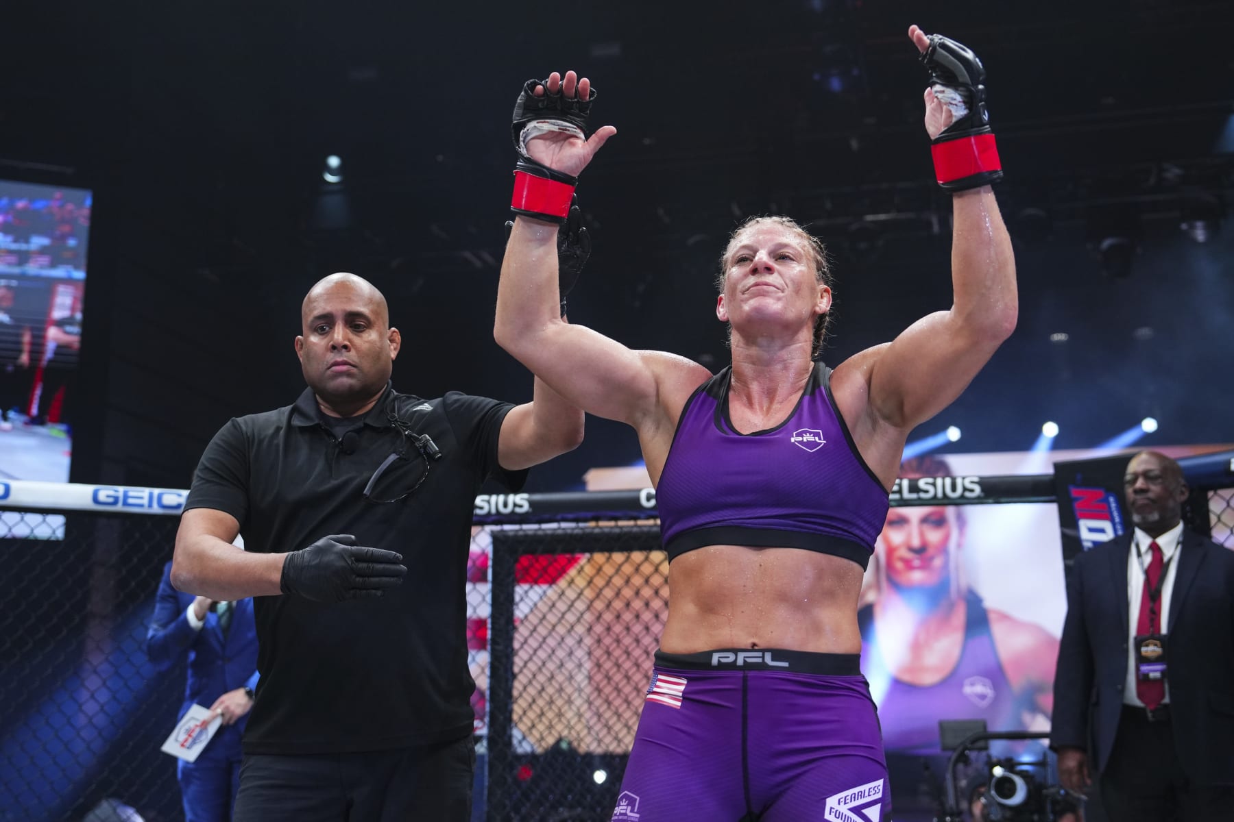 WASHINGTON, DC - NOVEMBER 24: Kayla Harrison reacts after her victory against Aspen Ladd during the 2023 PFL Championships at The Anthem on November 24, 2023 in Washington, DC. (Photo by Cooper Neill/Getty Images)