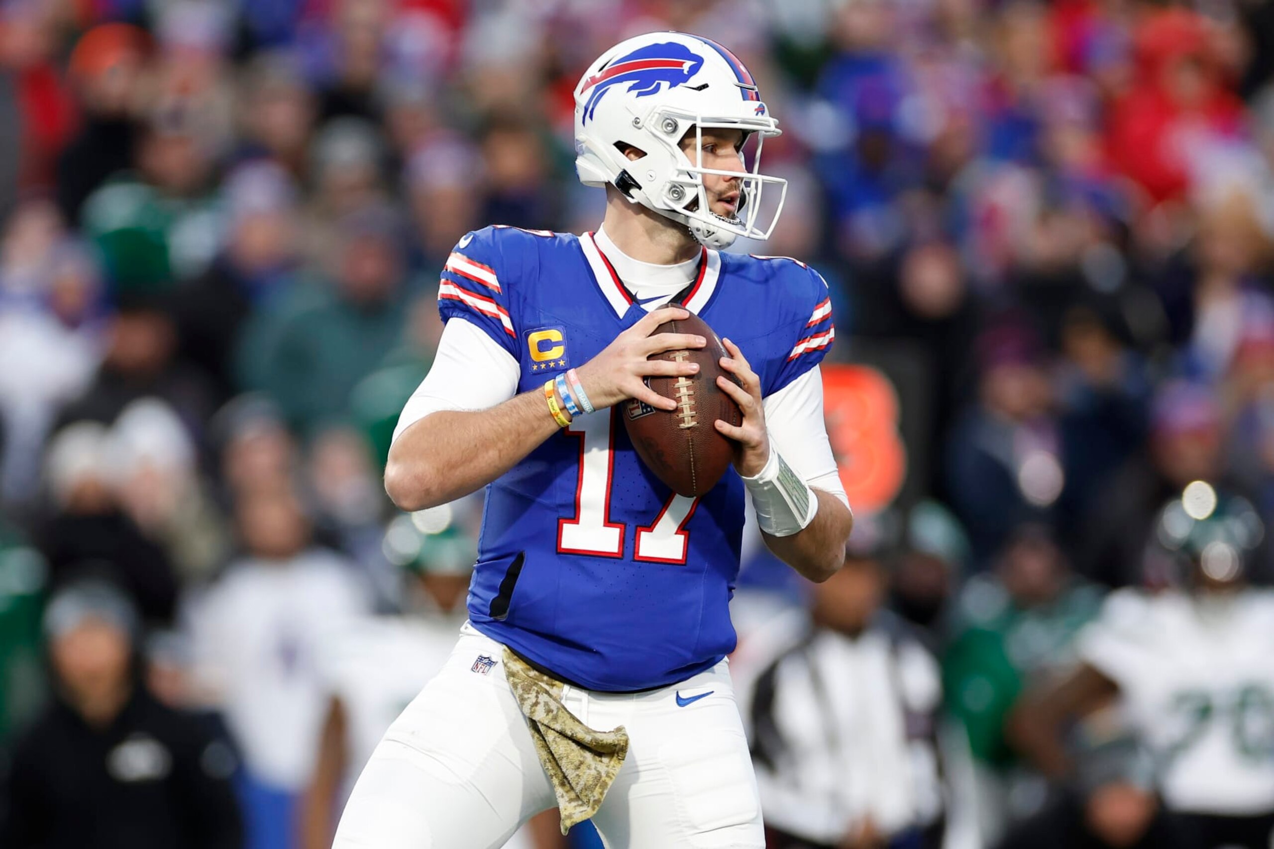 ORCHARD PARK, NEW YORK - NOVEMBER 19: Josh Allen #17 of the Buffalo Bills drops back to pass in the first quarter against the New York Jets at Highmark Stadium on November 19, 2023 in Orchard Park, New York. (Photo by Sarah Stier/Getty Images)