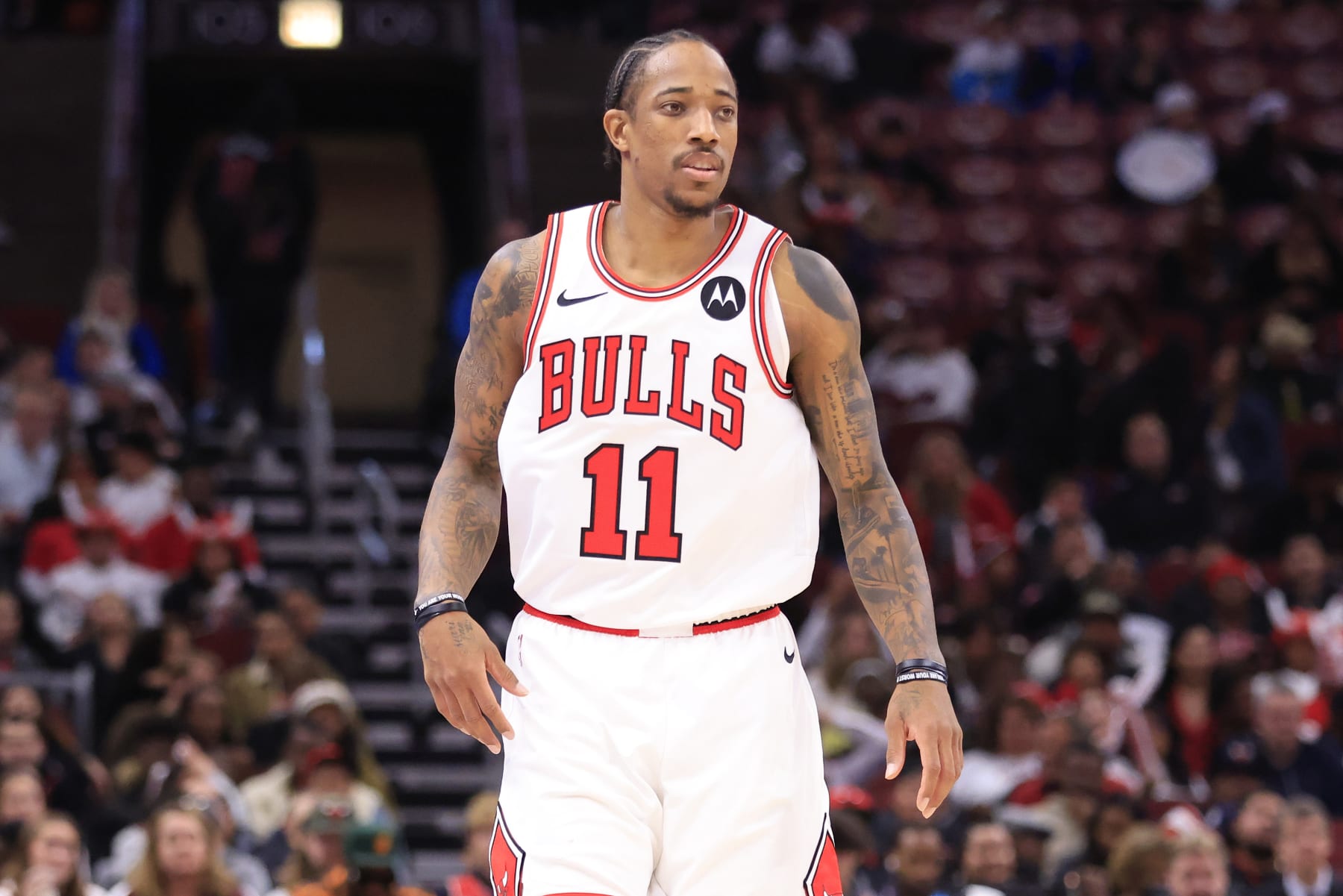 CHICAGO, ILLINOIS - NOVEMBER 20: DeMar DeRozan #11 of the Chicago Bulls looks on in the game against the Miami Heat at the United Center on November 20, 2023 in Chicago, Illinois. NOTE TO USER: User expressly acknowledges and agrees that, by downloading and or using this photograph, User is consenting to the terms and conditions of the Getty Images License Agreement. (Photo by Justin Casterline/Getty Images)