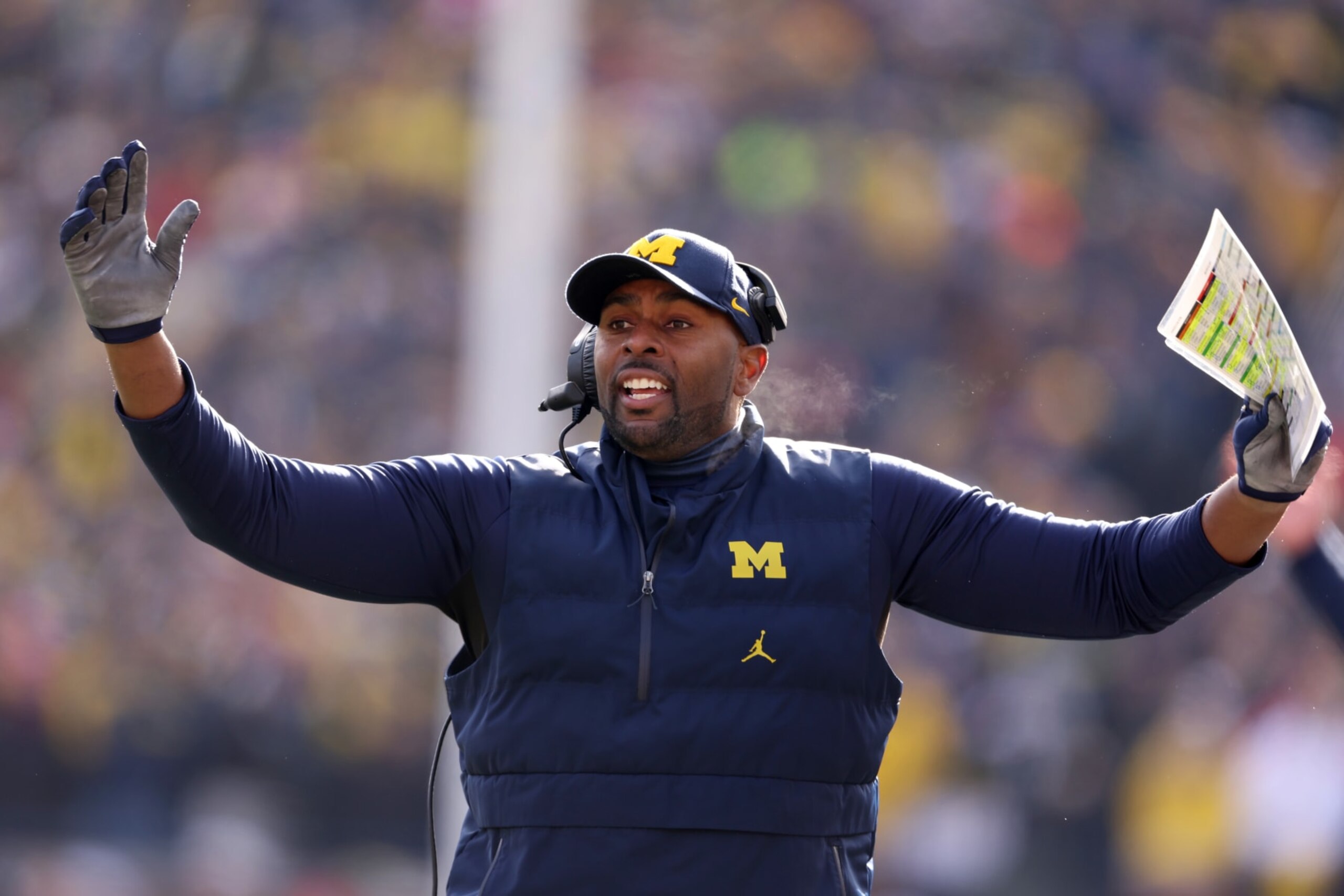ANN ARBOR, MICHIGAN - NOVEMBER 25: Interim head coach Sherrone Moore of the Michigan Wolverines celebrates a touchdown against the Ohio State Buckeyes during the first quarter in the game at Michigan Stadium on November 25, 2023 in Ann Arbor, Michigan. (Photo by Gregory Shamus/Getty Images)
