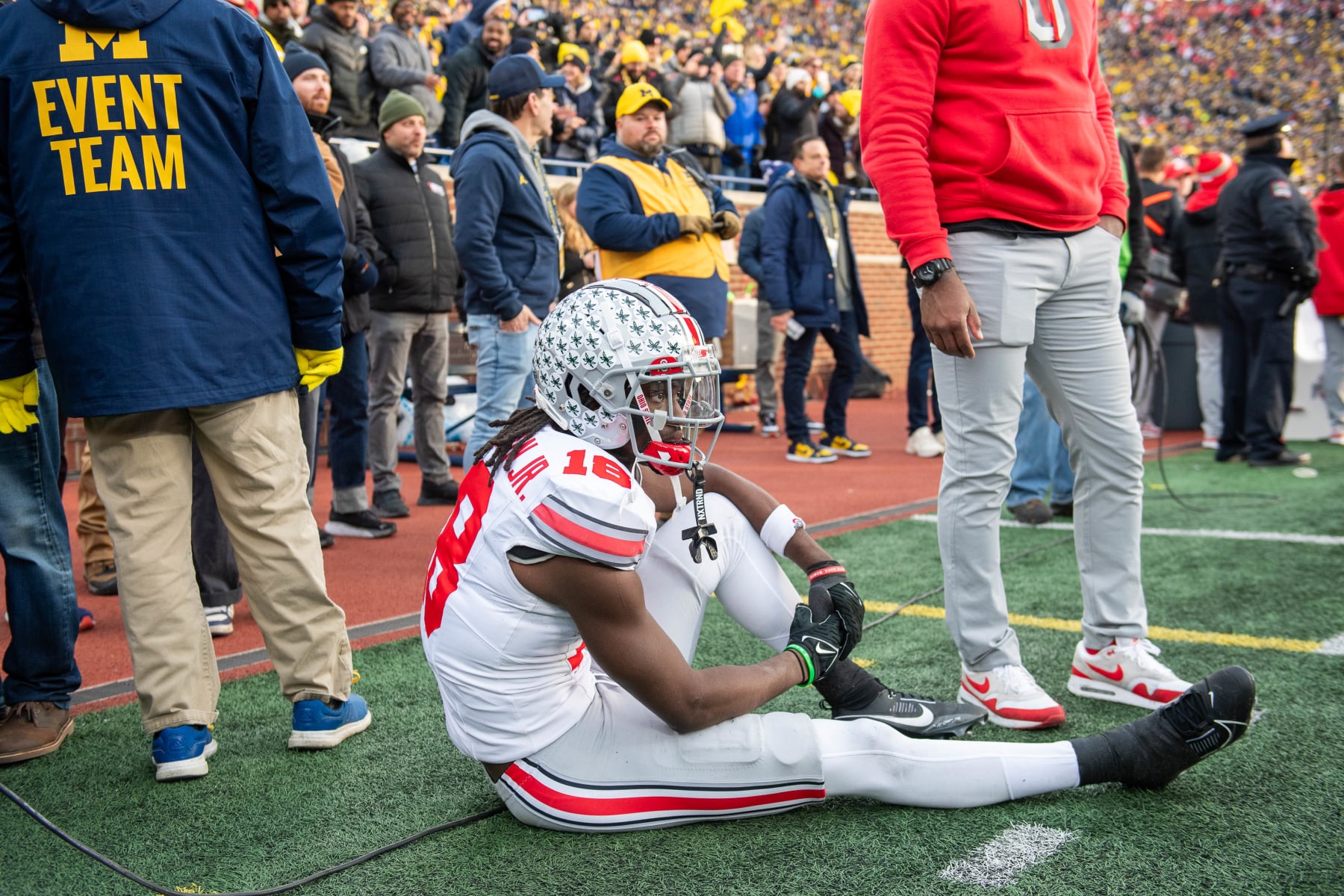 ANN ARBOR, MICHIGAN - NOVEMBER 25: Marvin Harrison Jr. #18 of the Ohio State Buckeyes is seen during the final seconds of the second half of a college football game against the Michigan Wolverines at Michigan Stadium on November 25, 2023 in Ann Arbor, Michigan. The Michigan Wolverines won the game 30-24 to win the Big Ten East. (Photo by Aaron J. Thornton/Getty Images)