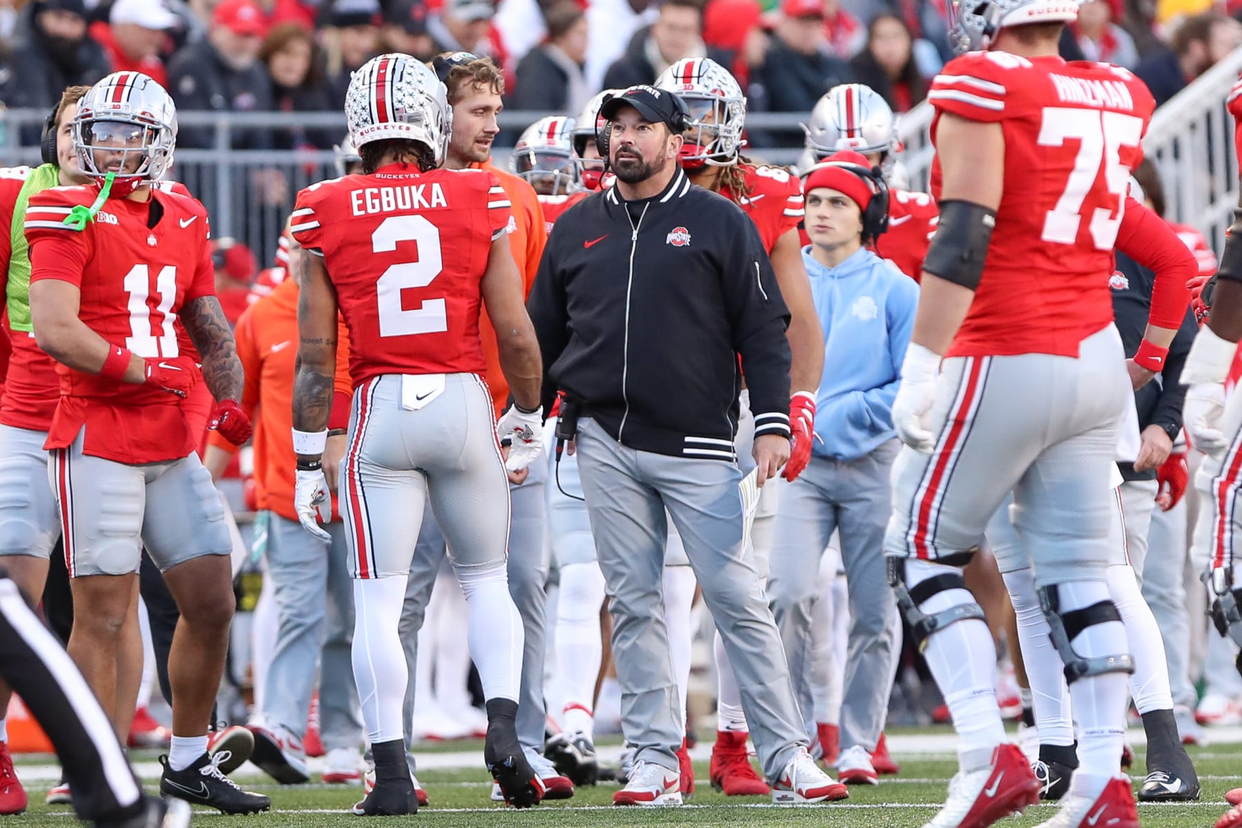 COLUMBUS, OH - NOVEMBER 18: Ohio State Buckeyes head coach Ryan Day looks at the scoreboard during the game against the Minnesota Gophers and the Ohio State Buckeyes on November 18, 2023, at Ohio Stadium in Columbus, OH. (Photo by Ian Johnson/Icon Sportswire via Getty Images)