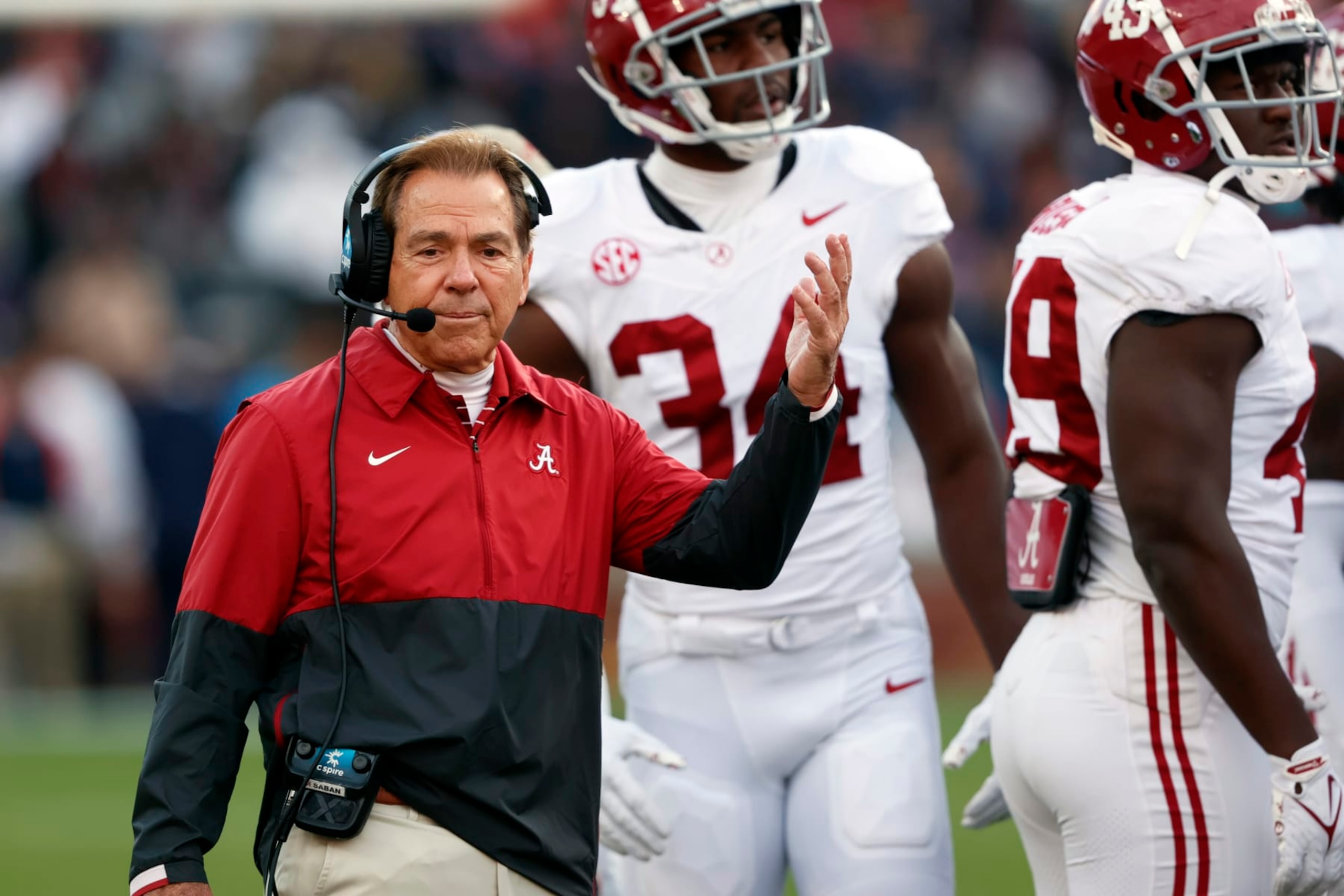 Alabama head coach Nick Saban reacts to a call during the first half of an NCAA college football game against Auburn Saturday, Nov. 25, 2023, in Auburn, Ala. (AP Photo/Butch Dill)