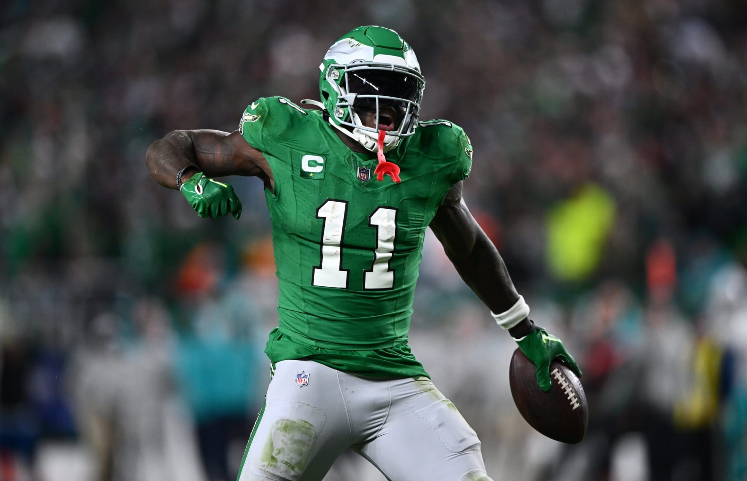 PHILADELPHIA, PA - OCTOBER 22: Philadelphia Eagles Wide Receiver A.J. Brown (11) reacts after a reception in the second half during the game between the Miami Dolphins and Philadelphia Eagles on October 22, 2023 at Lincoln Financial Field in Philadelphia, PA. (Photo by Kyle Ross/Icon Sportswire via Getty Images)