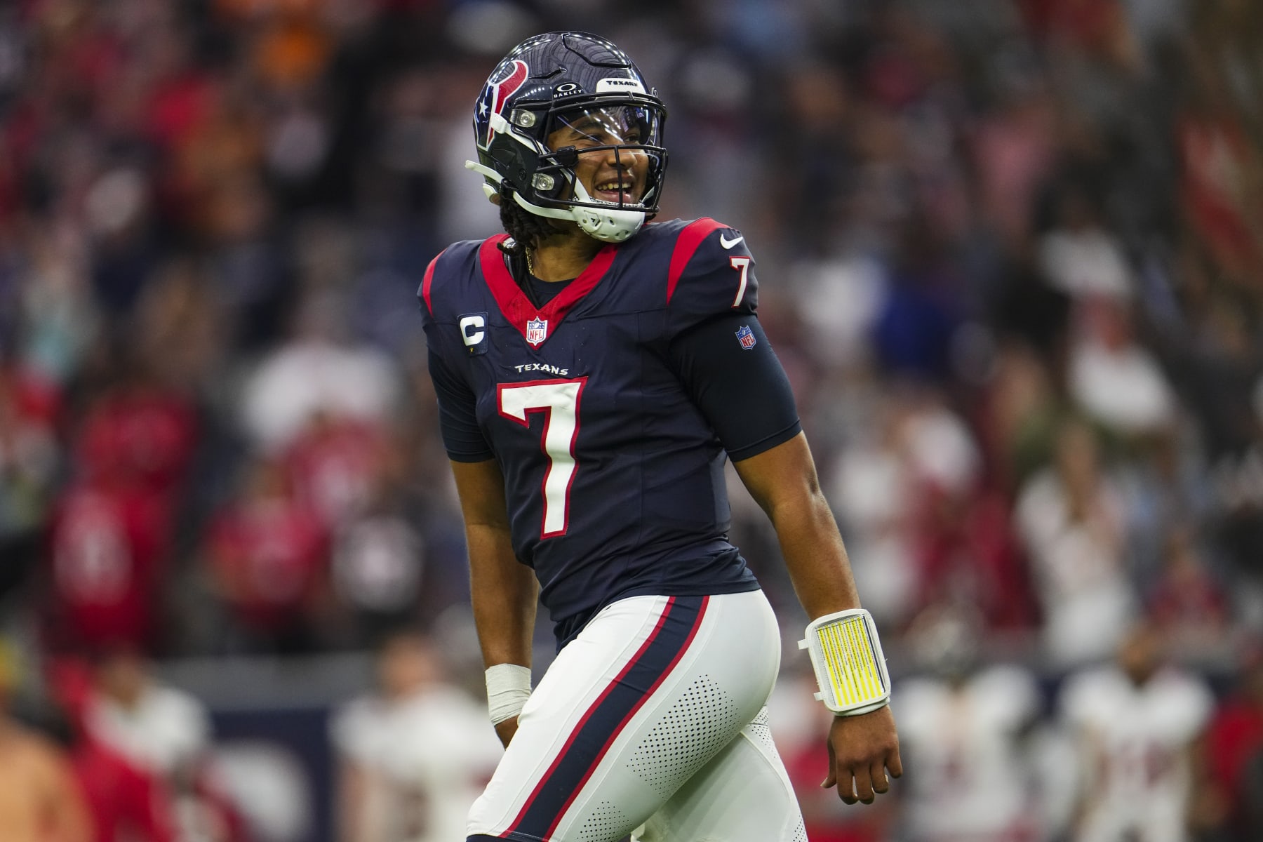 HOUSTON, TX - NOVEMBER 05: C.J. Stroud #7 of the Houston Texans celebrates during an NFL football game against the Tampa Bay Buccaneers at NRG Stadium on November 5, 2023 in Houston, Texas. (Photo by Cooper Neill/Getty Images)