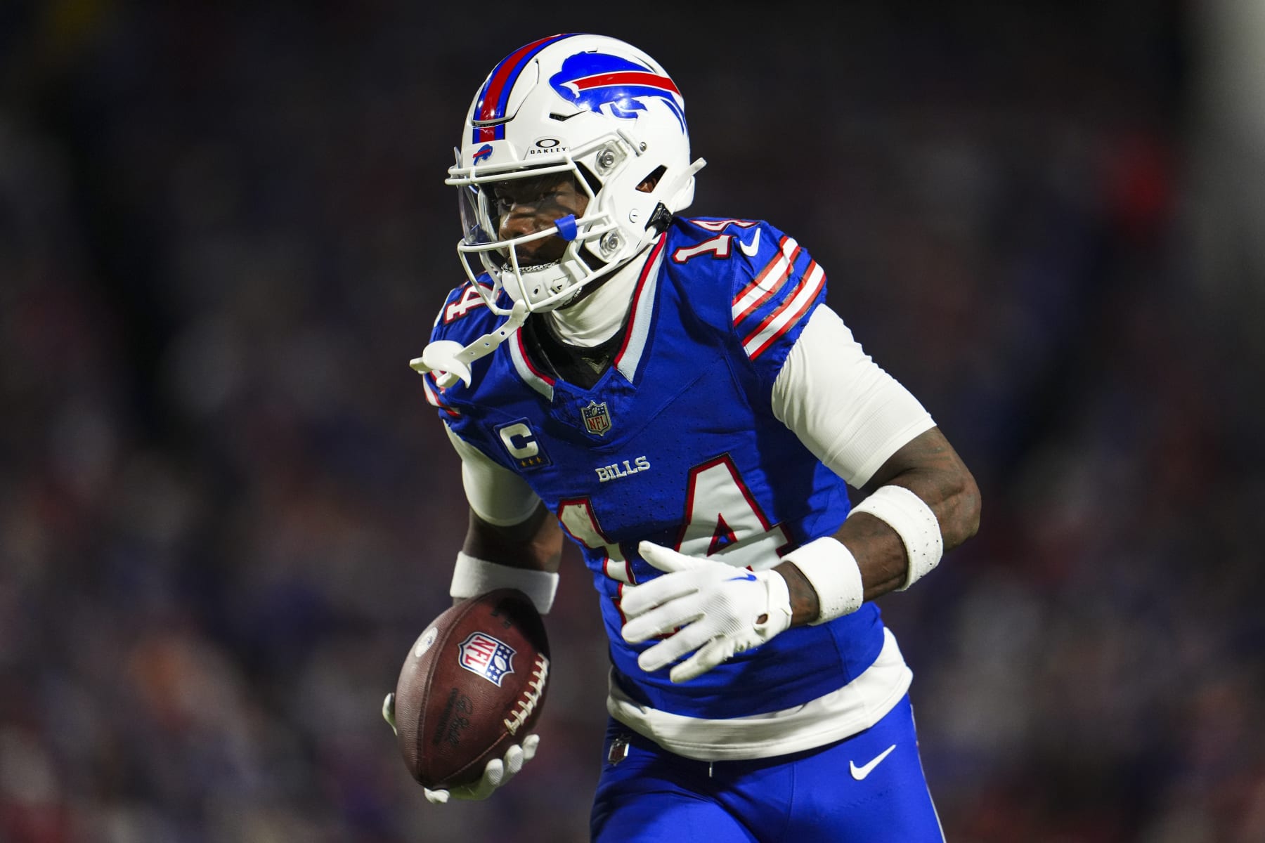 ORCHARD PARK, NY - OCTOBER 26: Stefon Diggs #14 of the Buffalo Bills runs the ball during an NFL football game against the Tampa Bay Buccaneers at Highmark Stadium on October 26, 2023 in Orchard Park, New York. (Photo by Cooper Neill/Getty Images)