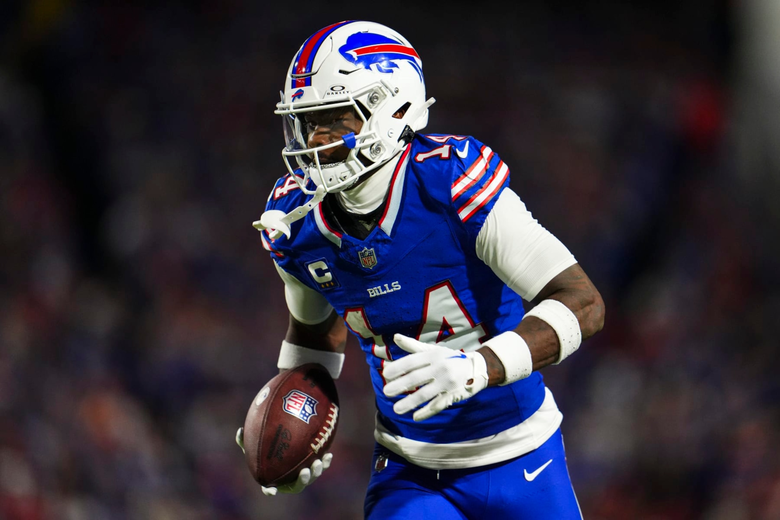 ORCHARD PARK, NY - OCTOBER 26: Stefon Diggs #14 of the Buffalo Bills runs the ball during an NFL football game against the Tampa Bay Buccaneers at Highmark Stadium on October 26, 2023 in Orchard Park, New York. (Photo by Cooper Neill/Getty Images)