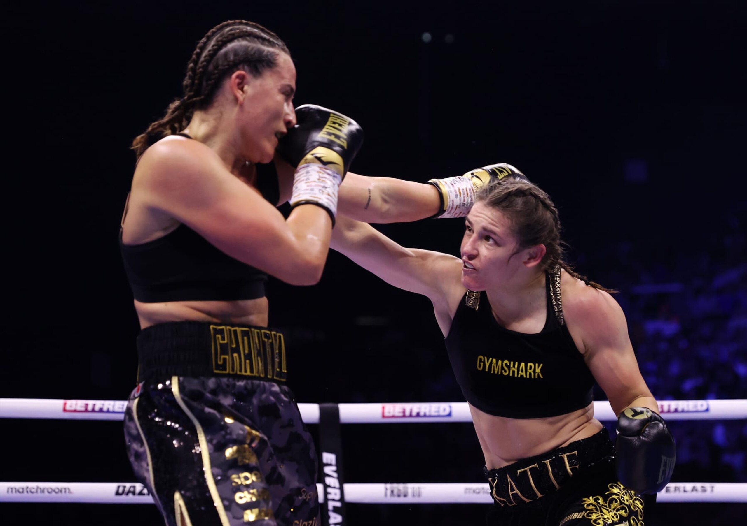 DUBLIN, IRELAND - NOVEMBER 25: Chantelle Cameron exchanges punches with Katie Taylor during the IBF, IBO, WBA, WBC and WBO World Super Lightweight Title fight between Chantelle Cameron and Katie Taylor at The 3Arena Dublin on November 25, 2023 in Dublin, Ireland. (Photo by James Chance/Getty Images) DUBLIN, IRELAND - NOVEMBER 25: Chantelle Cameron exchanges punches with Katie Taylor during the IBF, IBO, WBA, WBC and WBO World Super Lightweight Title fight between Chantelle Cameron and Katie Taylor at The 3Arena Dublin on November 25, 2023 in Dublin, Ireland. (Photo by James Chance/Getty Images)